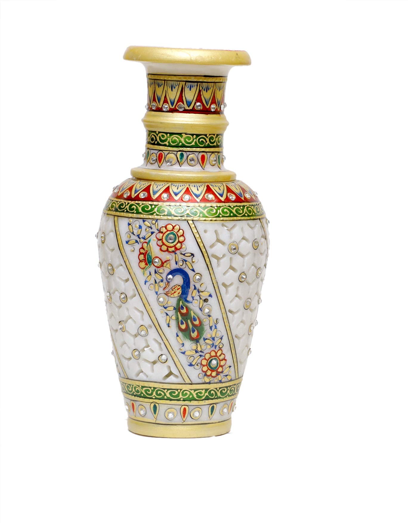 Anjali Arts Designers Decorative Marble Flower Vase | Round Shape Beautiful Peacock and Meenakari Work Showpiece Vases for Home Decoration (Multicolor, 16.5x16.5x29.21 cm) 9 Inch