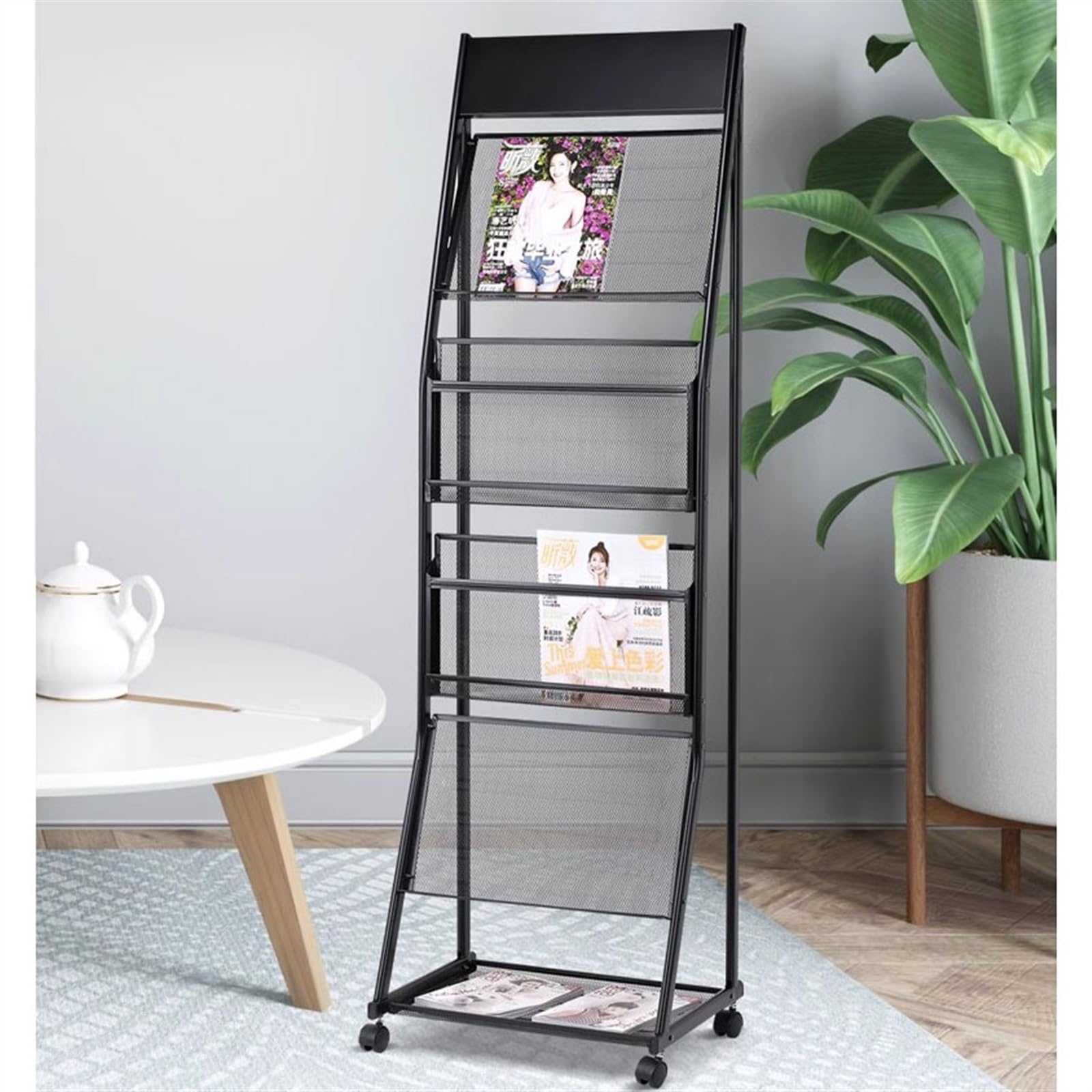 Zeitschriftenständer Zeitschriftenhalter-Broschürenständer, bodenstehender Zeitungsständer, 4-lagiger Zeitungsständer aus Stahl mit Rädern, Spleißhalterungen for einfache Installation Zeitungsständer(