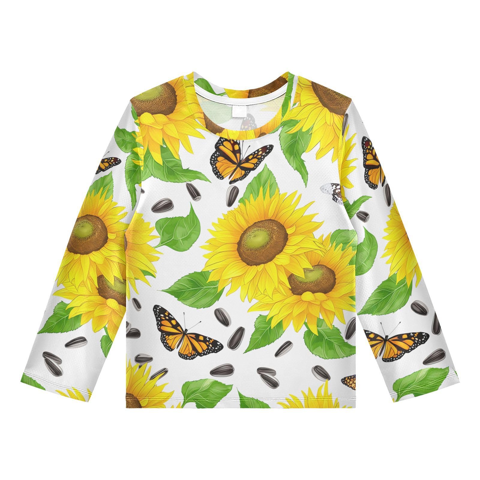 DOMIKING Sunflower Butterfly Melon Seeds White Boys Long Sleeve Rashguard Shirt Kids Quick Dry Swim Shirt for Beach Pool Sport 11-12T