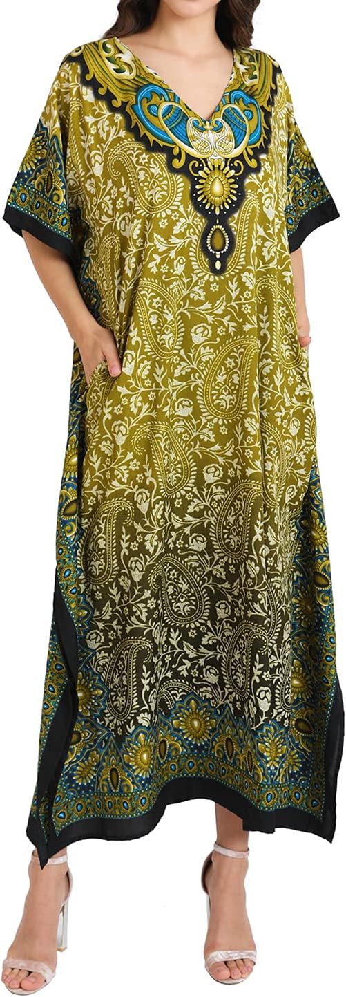 Miss Lavish London Long Kaftan Dress Women, Flowy Resort Wear, Maxi Plus Size Swim Coverup, Lightweight Summer Long Kaftan