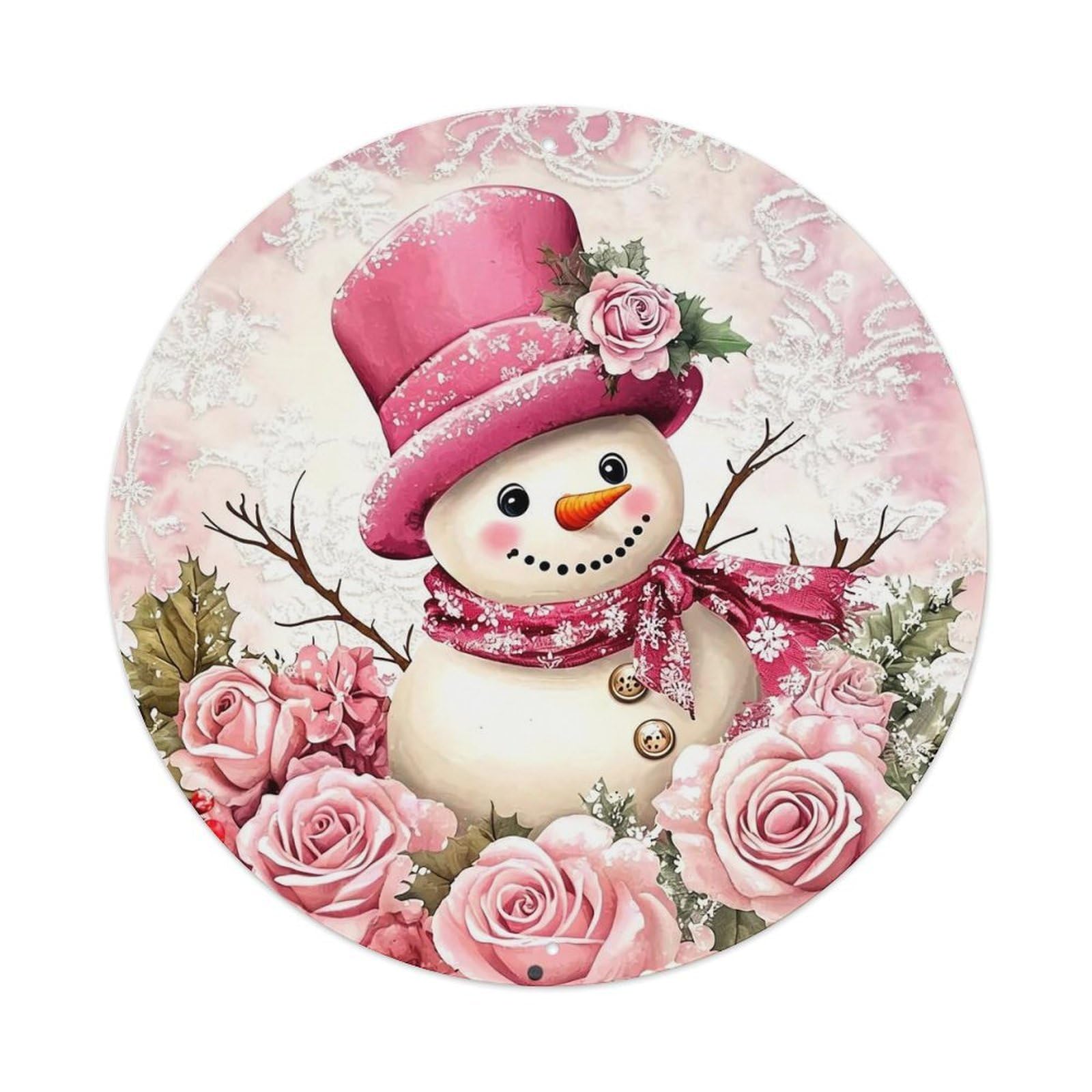 Snowman Pink Roses Winter Hat Vintage Round Tin Sign Retro Metal Wall Decor Metal Poster, Home Bar Garage Cafe Wall Art Decoration 8x8Inches