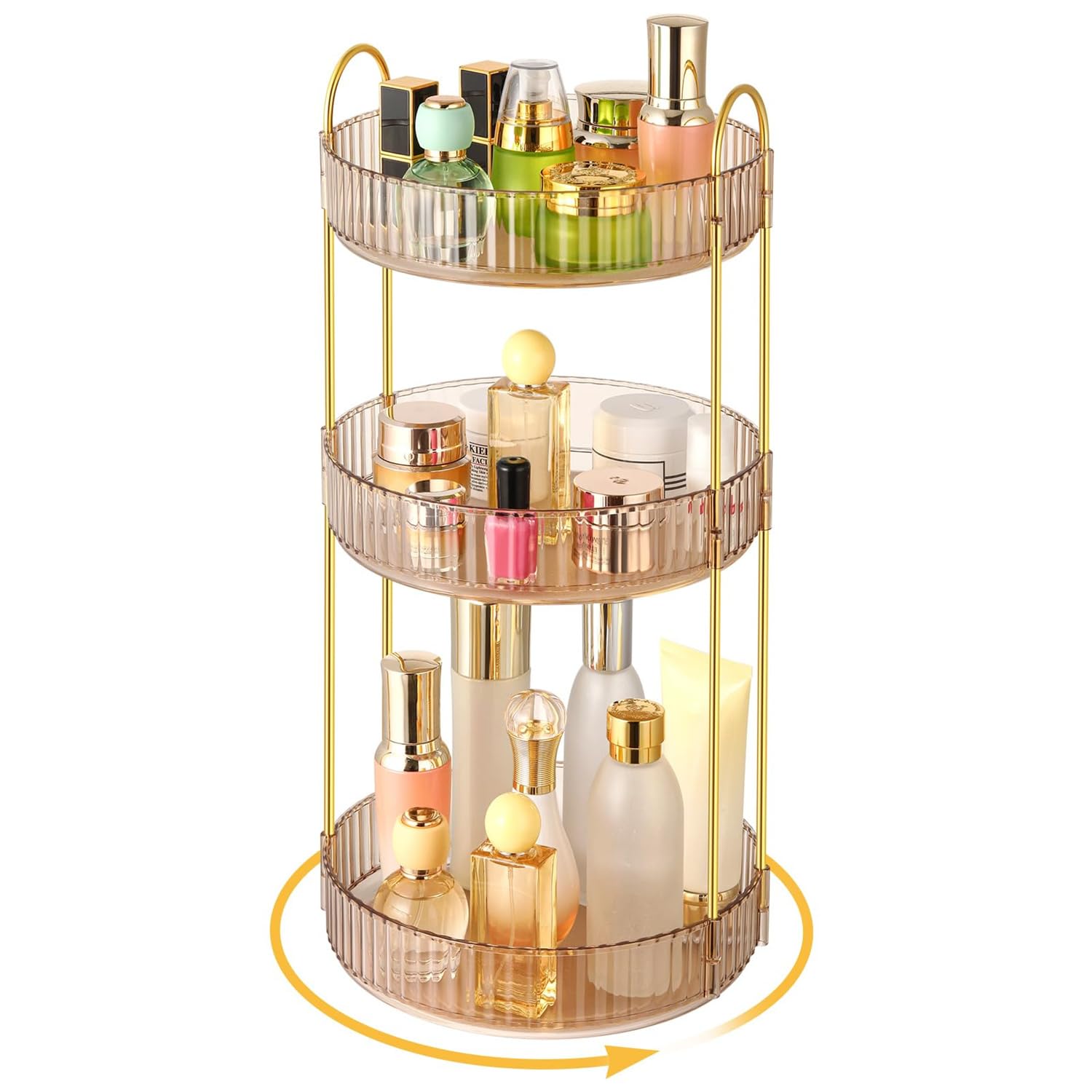 HYTTER Rotating Makeup Organiser, Acrylic Clear Vanity Countertop Organizer Cosmetics Organizer, Fits Cosmetics, Perfume, Skincare, Lipsticks (Gold, 3 Tier)
