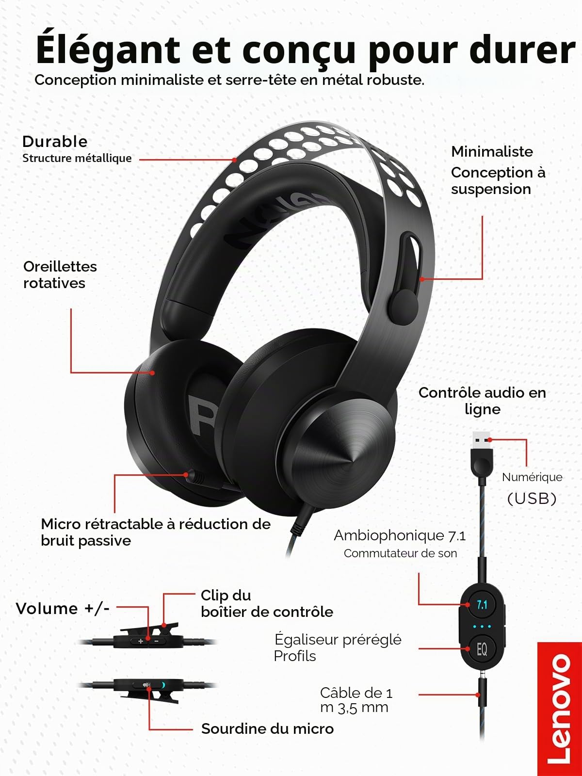 Lenovo Legion H500 Pro Casque Arceau Connecteur de 3,5 mm Gris