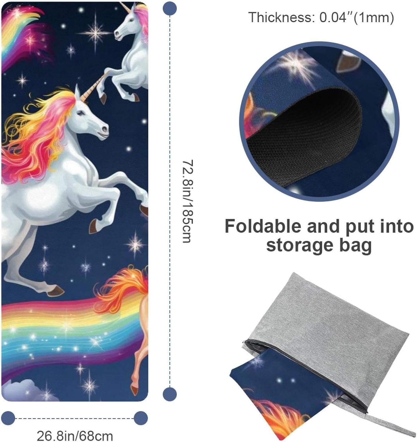 Yoga Towel, Rainbow Unicorn Pattern Non Slip Sweat Absorbent Hot Yoga Mat Towel for Hot Yoga, Pilates and Fitness - 72.8" x 26.8"