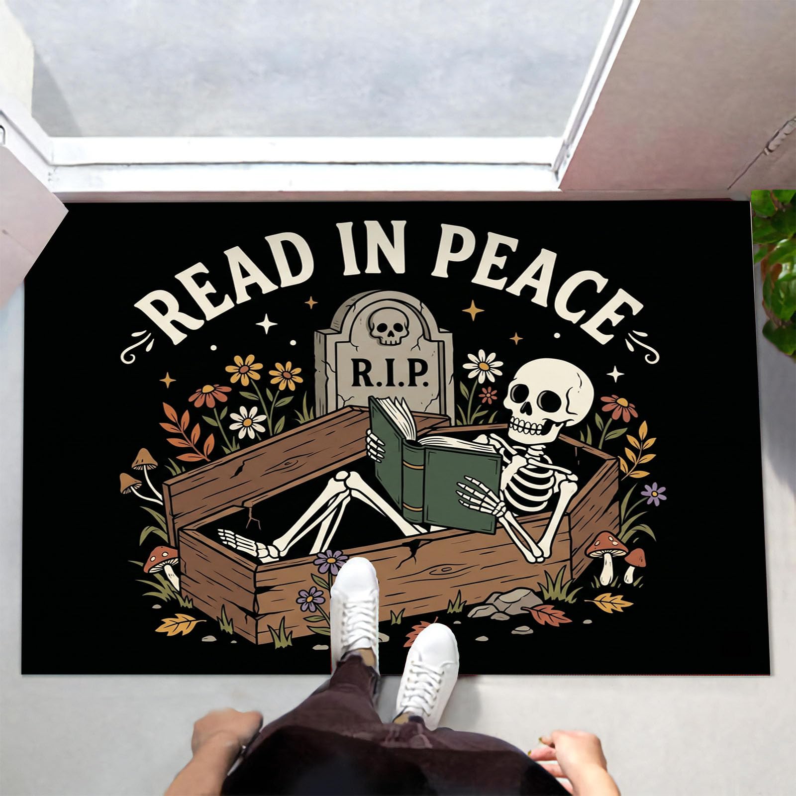 Ultradünne Lustiger Leseschädel Fußmatte Für Innenbereich, 80X120Cm Waschbar Teppich Für Eingangsbereich, Cartoon-Friedhofsplakat Schmutzfänger Fussmatten, Schwarz rutschfeste Eingangsmatte