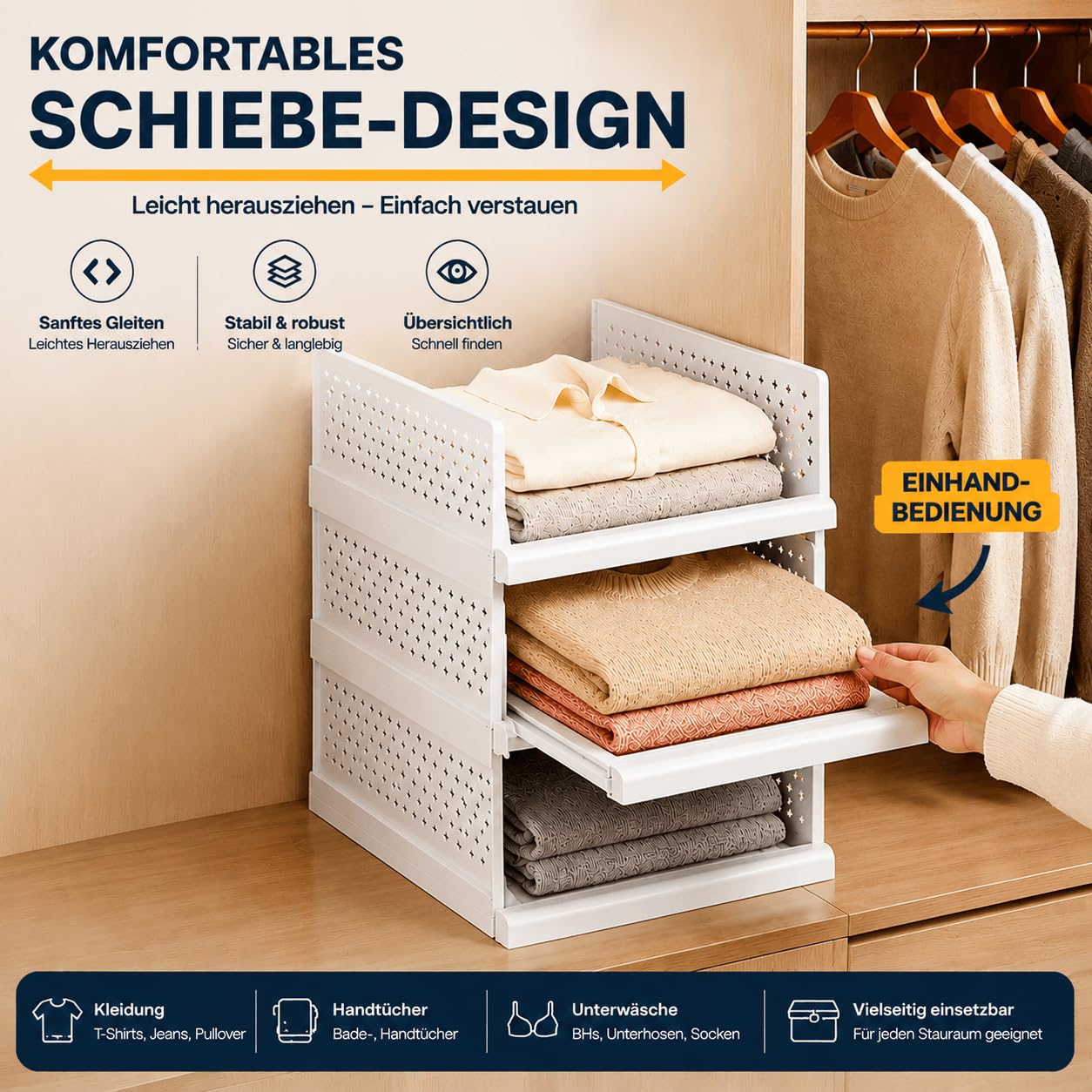 RMAN® 4 Set Organizer Armadio, Pieghevole Cassetti di Plastica per Armadio Interno Impilabili con Sistema a Guide Scorrevoli Indipendenti Scatole per Armadio per Cucina, Bagno, Camera, Bianco
