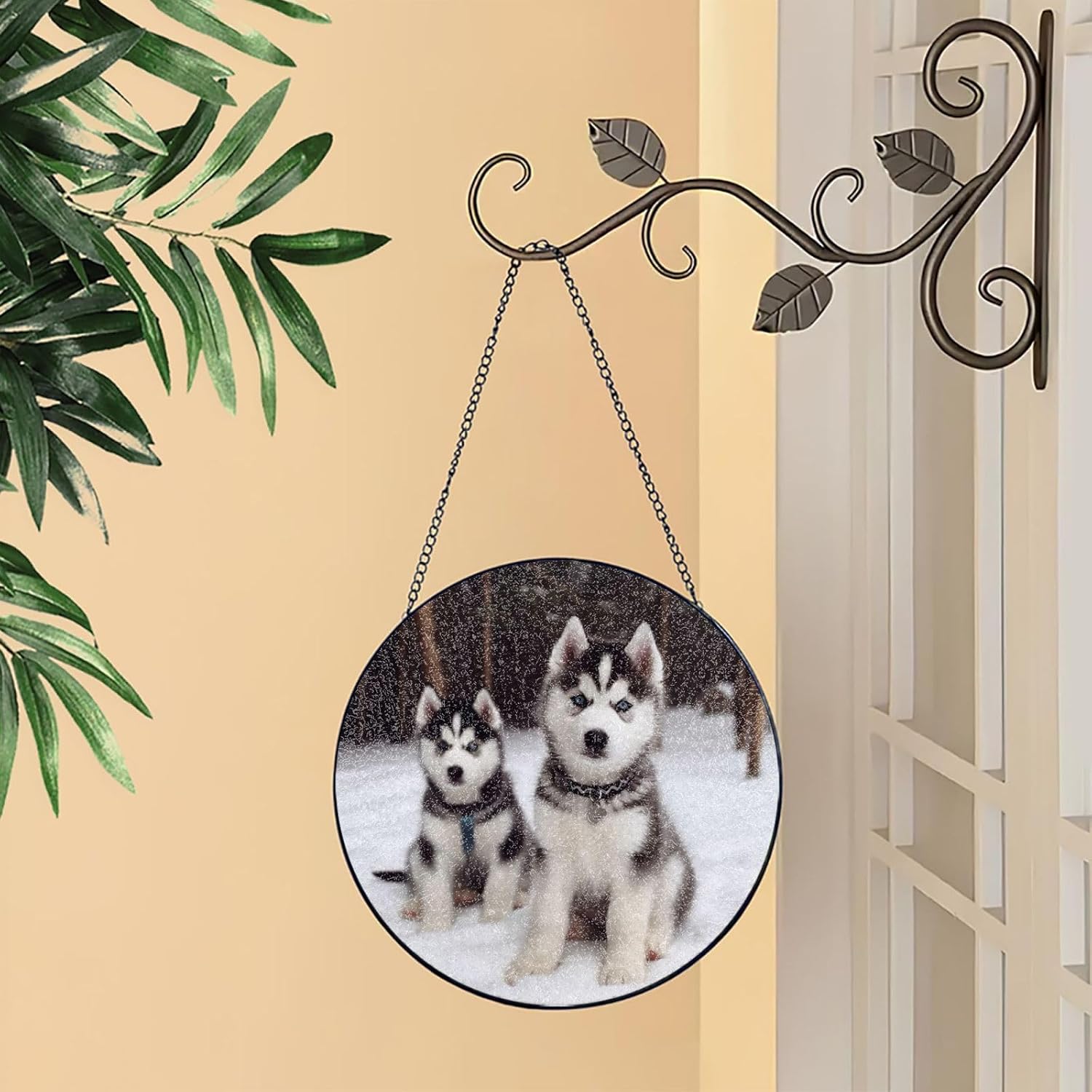 Stained Glass Window Hanging 6in（15cm）, Adorable Huskies Glass Suncatcher for Home Decor, Indoor Wall Art Glass Panel with Metal Chain and Hooks, Sun Catcher Ornament Birthday Gifts