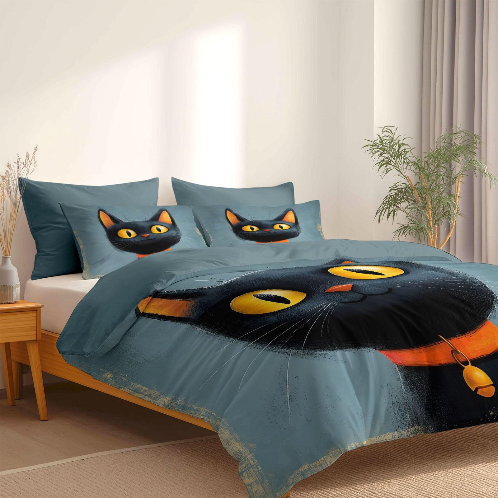 Generisch Cartoon Tiere 3-teiliges Bettwäsche-Set, 1 Bettbezug 240 x 220 cm und 2 Kissenbezüge 80 x 80 cm, Süßes Kätzchen, Mikrofaser, wendbar, modern, Kinderzimmer, Blau