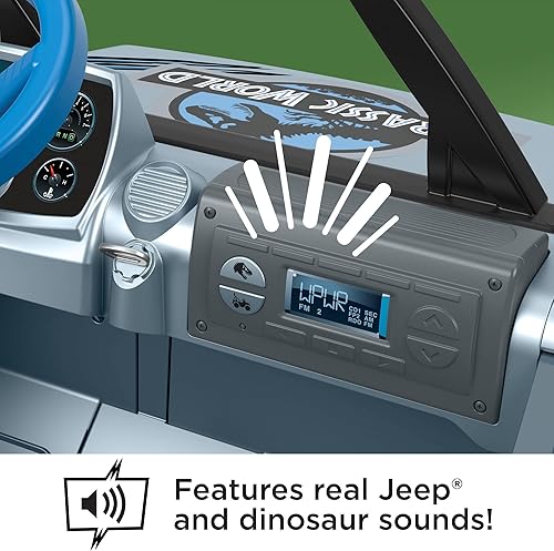 Miniatura 5 de Power Wheels Jurassic World Dino Damage Jeep Wrangler - Juguete para montar con luces, sonidos y dinosaurios, tracción multiterreno, juguete