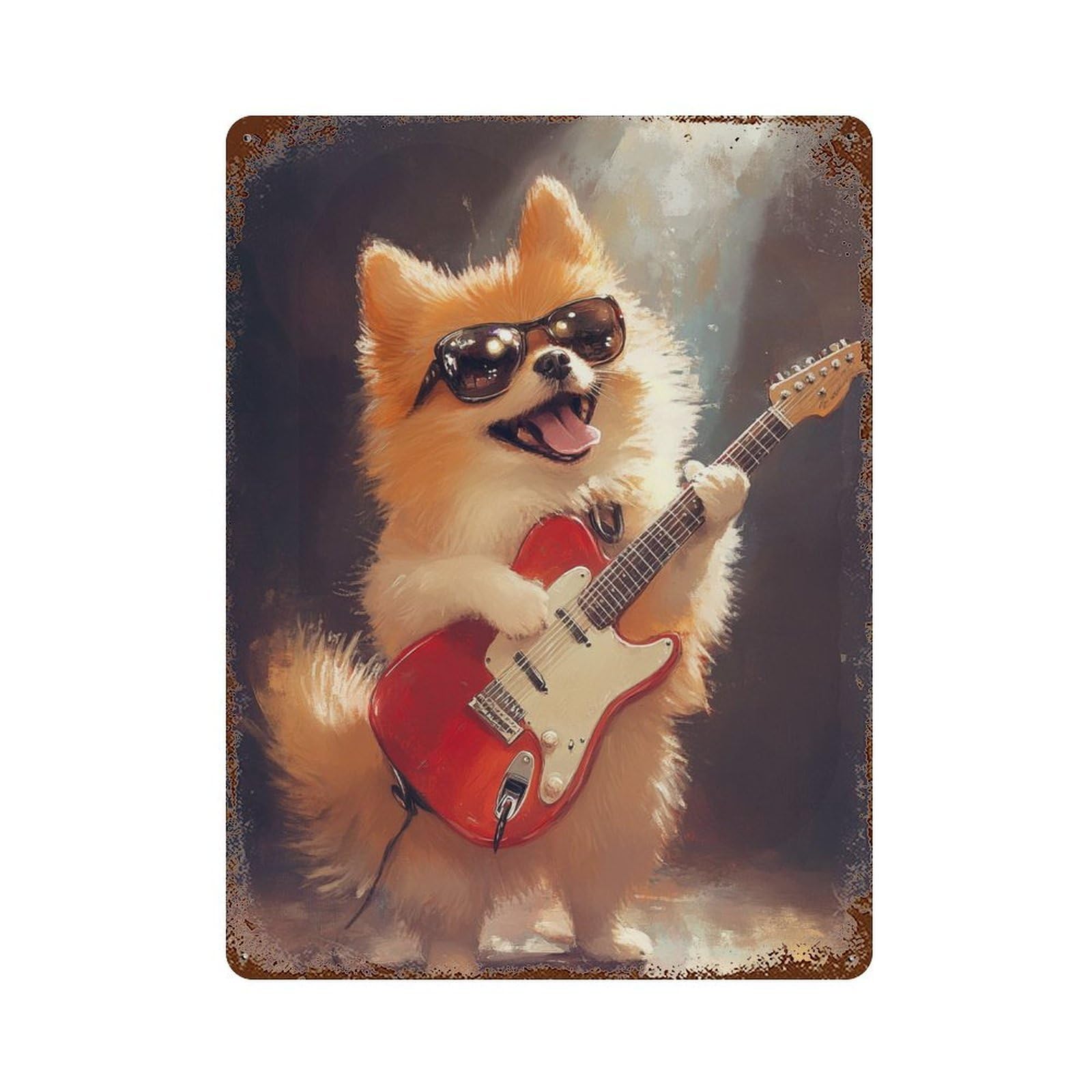 Garage Style Pomeranian Playing Guitar-2 Decorative Tin Sign 15.7"x11.8", Retro Wall Decor for Bar And Workshop