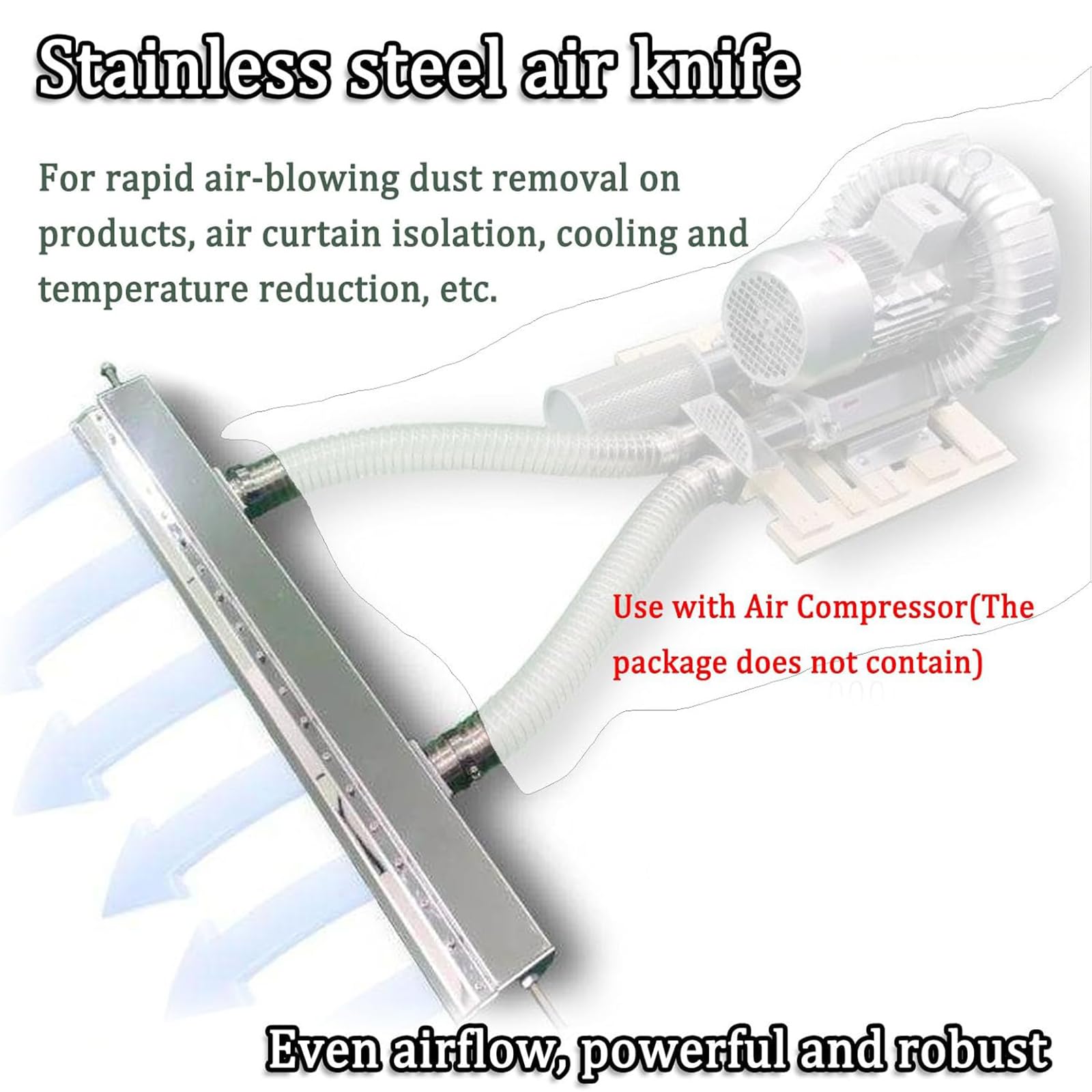 Soplador de cuchillo de aire de acero inoxidable, cuchillo de aire industrial que sopla el polvo, espacio de salida de aire ajustable de 0,1 mm a 3 mm y uso con compresor de aire, ideal para