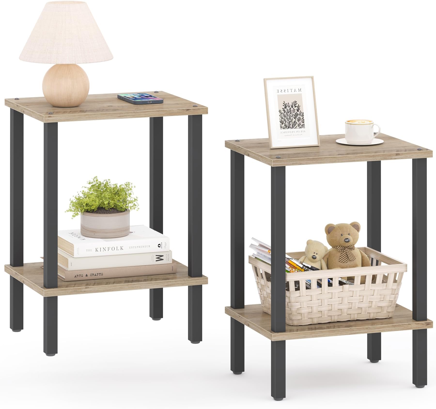 TUTOTAK End Table, Set of 2, Side Table, Nightstand, 2-Tier Storage Shelf, Sofa Table for Small Space, Living Room, Bed Room TB01BG035