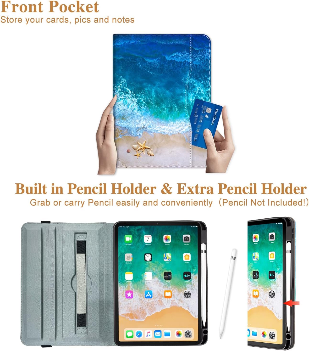 Vimorco Rotating Case for iPad A16 11th/10th Generation 2025/2022, for iPad A16 Case 11th/10th Generation 360 Degree Rotating, 4 Viewing Angles, Pencil Holder/Hand Strap/Pocket, Beach Blue Ocean