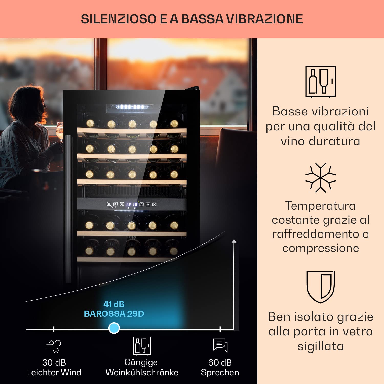 Klarstein Cantinetta Vino, Cantinetta Vino Refrigerata a Zona Doppia per Interno/Esterni, Frigo Bar, Cantina Vino con Vetrina, Mini Bar con Protezione UV, Frigo Vino Touch, 5-22°C, 29 Bottiglie