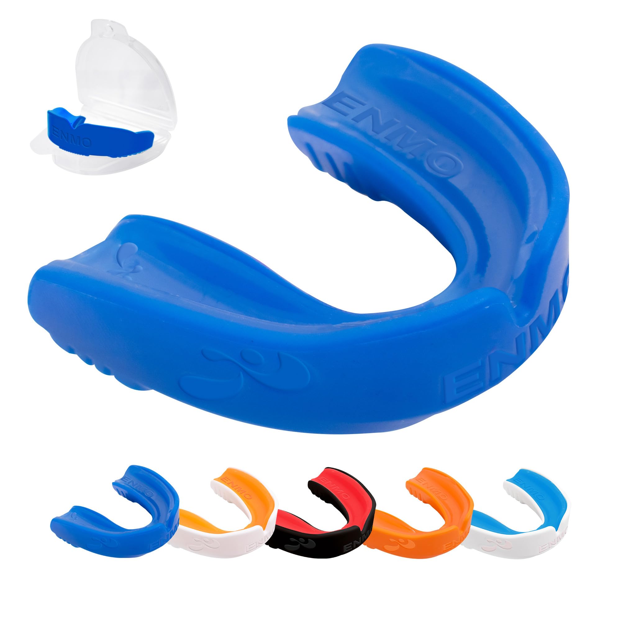 Enmo Maxilla Gel Gum Shield - Adult & Junior 10+ Mouth Guard with Case for Rugby, Boxing, Hockey and Contact Sports - Mouthguard with Boil & Bite, Breathing Channel Tech, Dual Layer - Blue/White