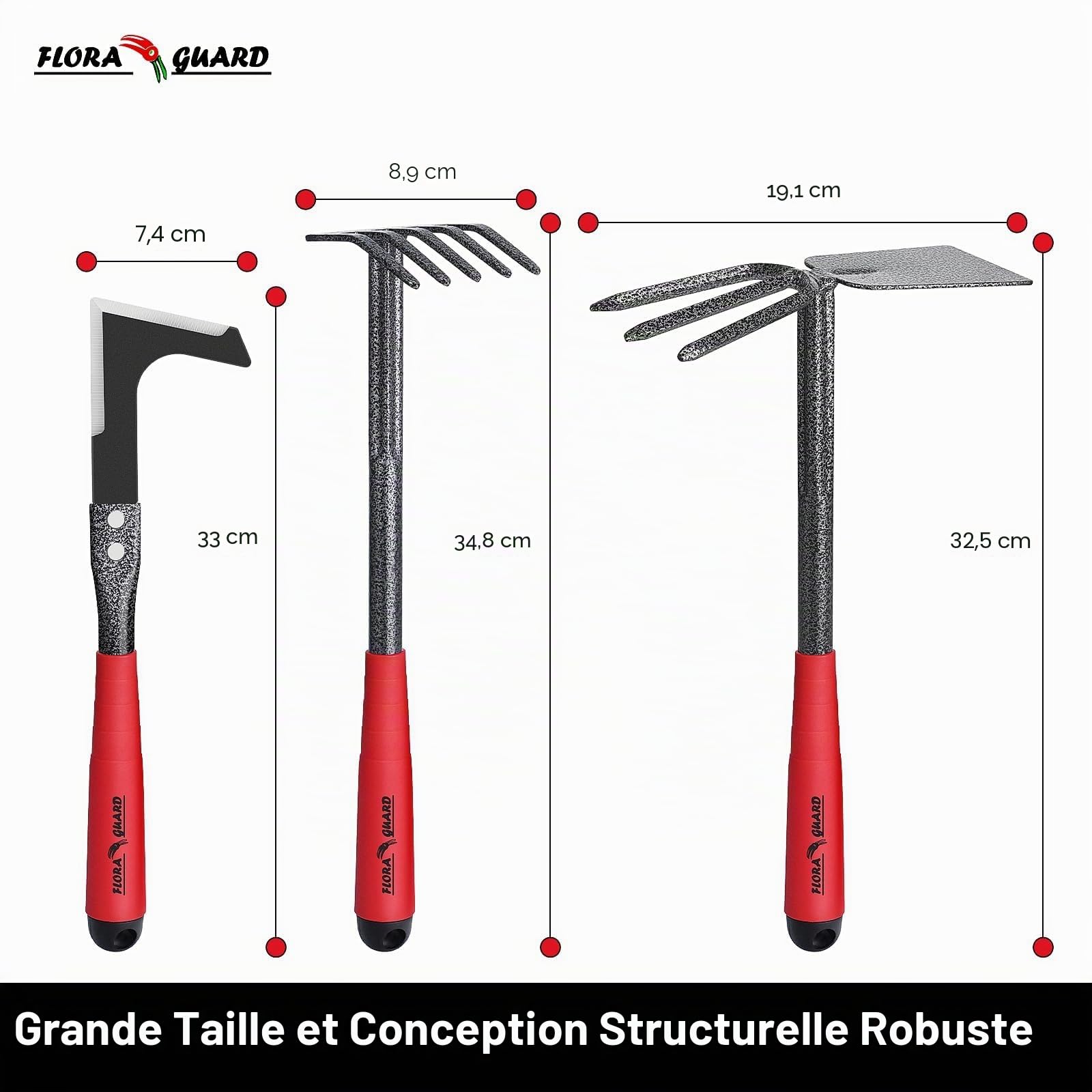 FLORA GUARD Outils de Jardinage 6 Pièces, Kit d'outils de Jardin en Acier Inoxydable avec Houe 2-en-1, Treulle, Râteaux, Couteau Désherbeur, Finition Martelée, pour Taille et Entretien