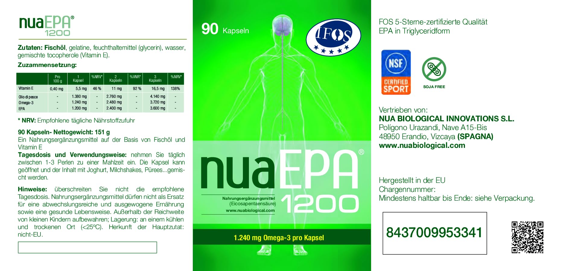 Nua Biological NuaEPA®1200 – Omega-3 100% EPA – 90 Kapseln (3 Monate) – 1200 mg EPA pro Kapsel – Triglycerid-Form – Hohe Konzentration – Ohne leere Fette