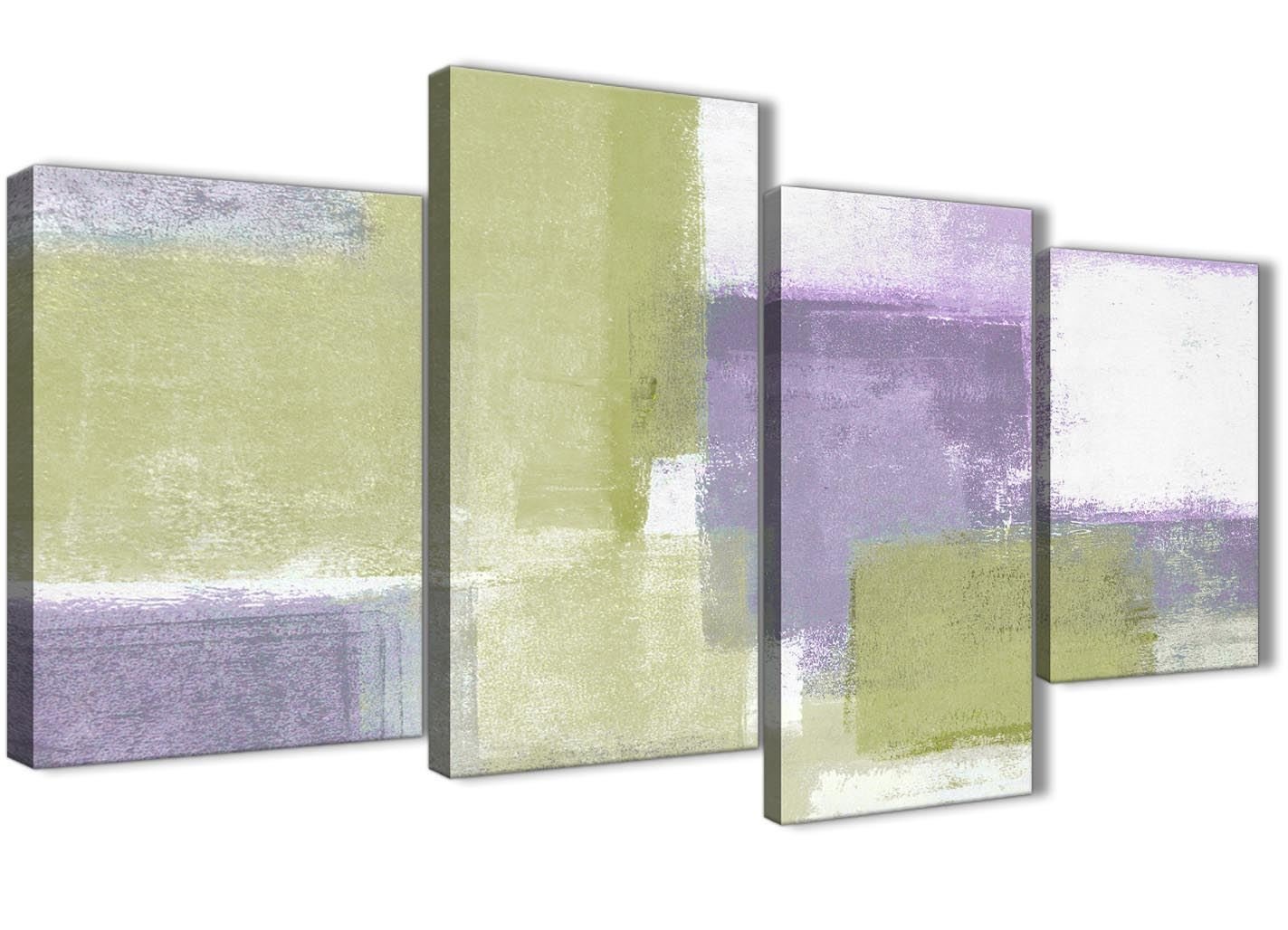 Wallfillers Large Lime Green Purple Abstract Painting Canvas Wall Art Print - Multi 4 Part - 130cm Wide - 4364