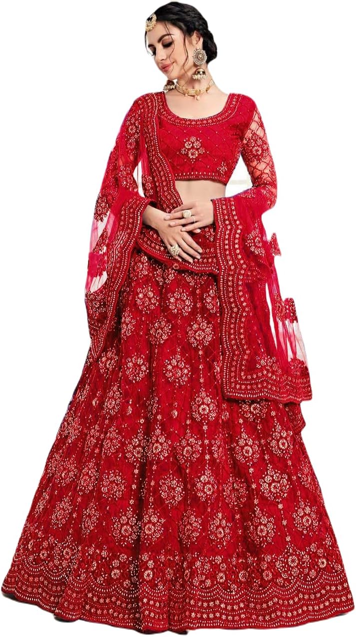 PREHANA FASHION Women's Soft Net/Satin Embroidery Semi Stitched Lehenga, Choli With Dupatta Set