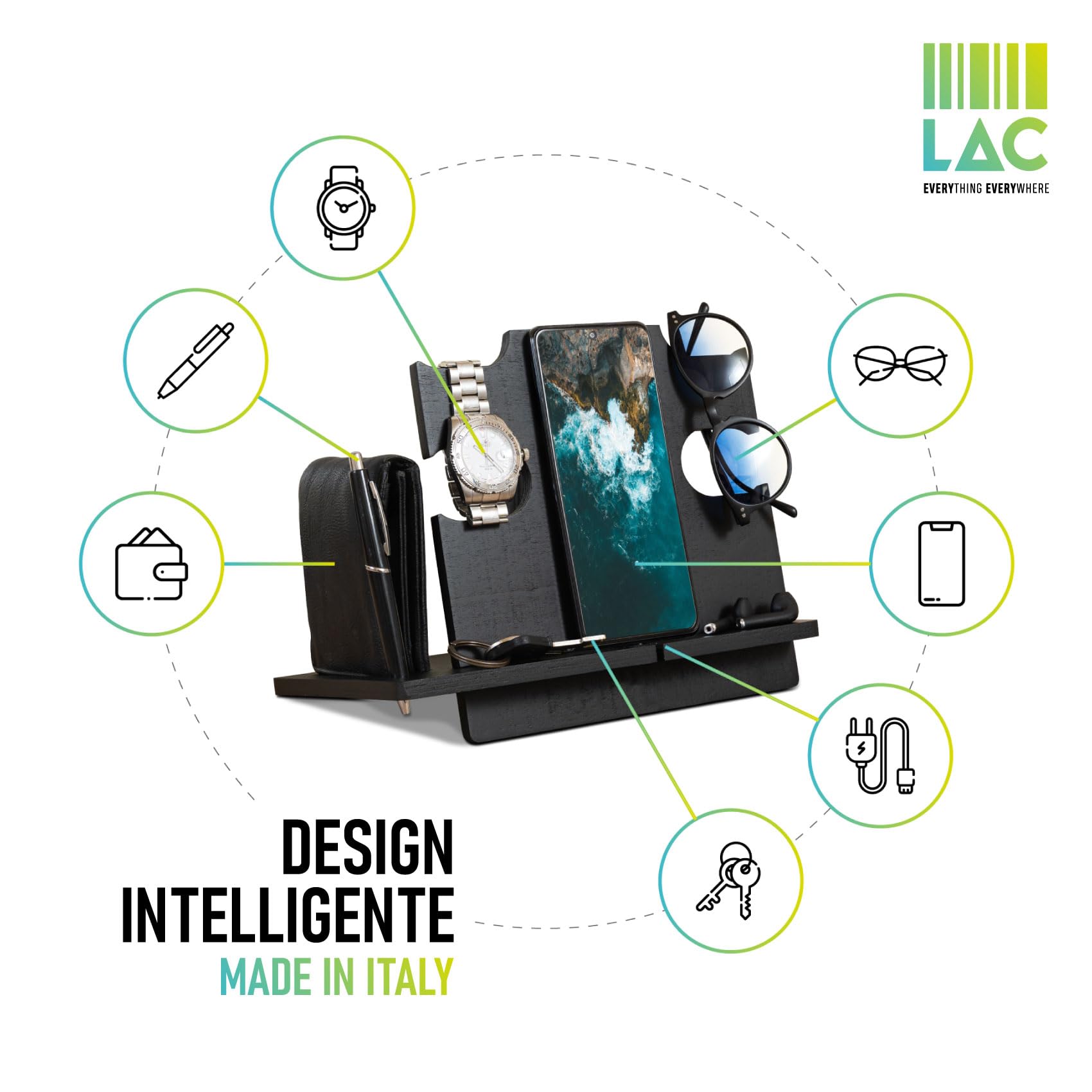LAC Docking Station Personalizzata in Legno - Idee Regali Uomo Compleanno, Anniversario - Porta Oggetti Organizer Scrivania Regalo Idee Regalo Papà Personalizzato (Nero)