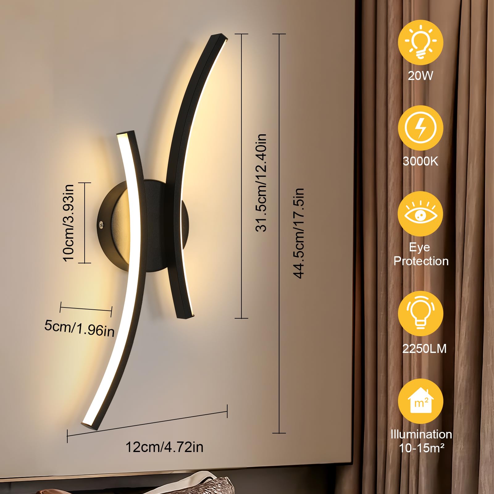 2 Stück Wandlampe Innen LED, 20W 2250LM LED Wandleuchte Schwarz, Modern Dekorativ Wandbeleuchtung Aluminium für Schlafzimmer Korridor Wohnzimmer Treppe, Warmweiss 3000K