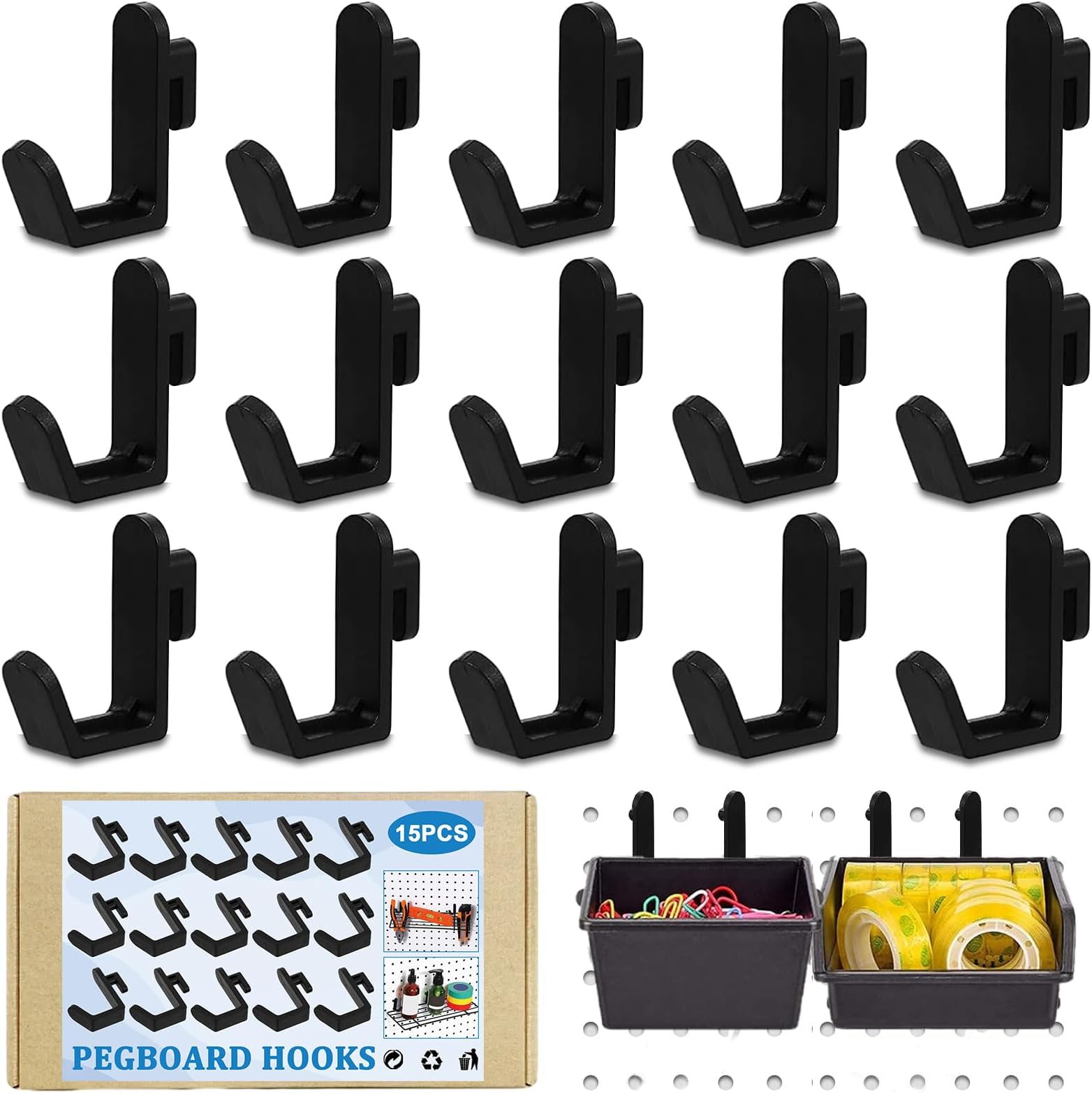 Yardwe 20 PCS Pegboard Hooks, Plastic J Shape Peg Hooks Black Pegboard