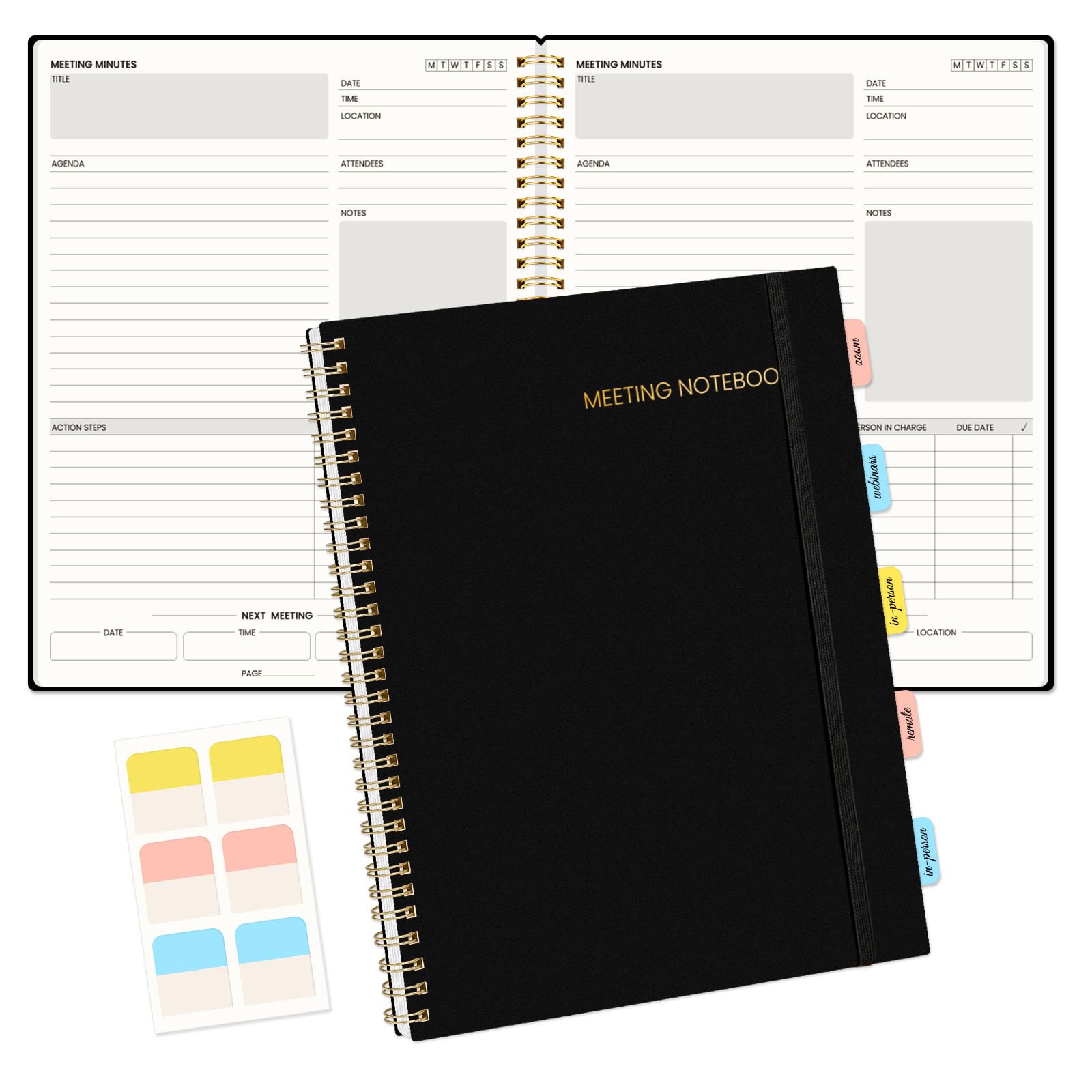 SUNEE Quaderno per riunioni per lavoro con oggetti di azione, 240 pagine, formato A4, agenda per riunioni, agenda e minuti per donne, uomini, appunti, ufficio, affari, 21,5 x 28,9 cm, nero