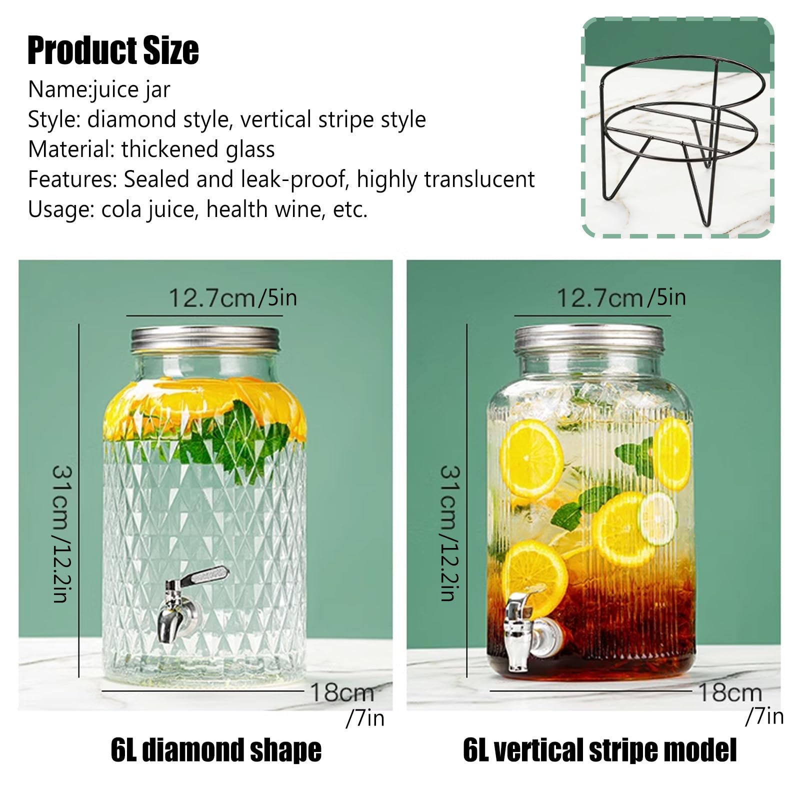 Macchina per Bevande Fredde Verticale in Legno con Supporto in Ferro, Dispenser per Succhi per Feste per Rubinetto da 6 Litri, Barattolo di Limonata per Bevande Calde,6L Diamond Shape