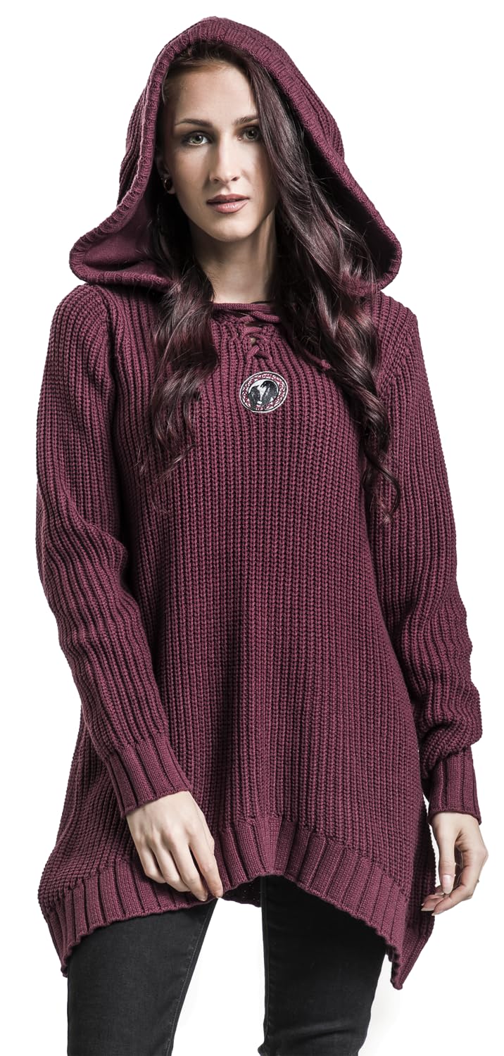 Black Premium by EMP Damen dunkelroter Strickpullover mit Kapuze und Schnürung