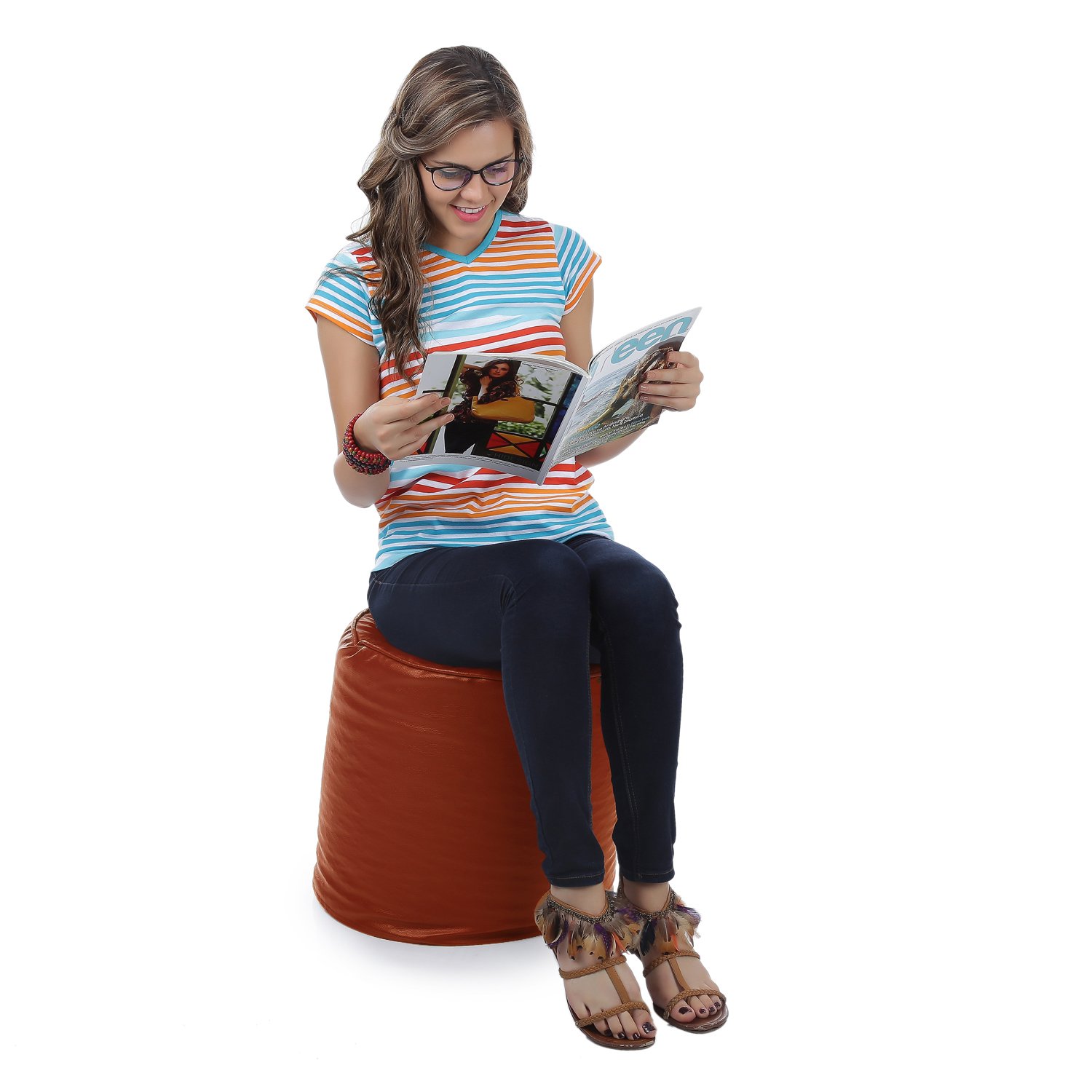 Style Homez Premium Leatherette Round Poof Bean Bag Ottoman Stool Large Size Tan Color Cover Only 2