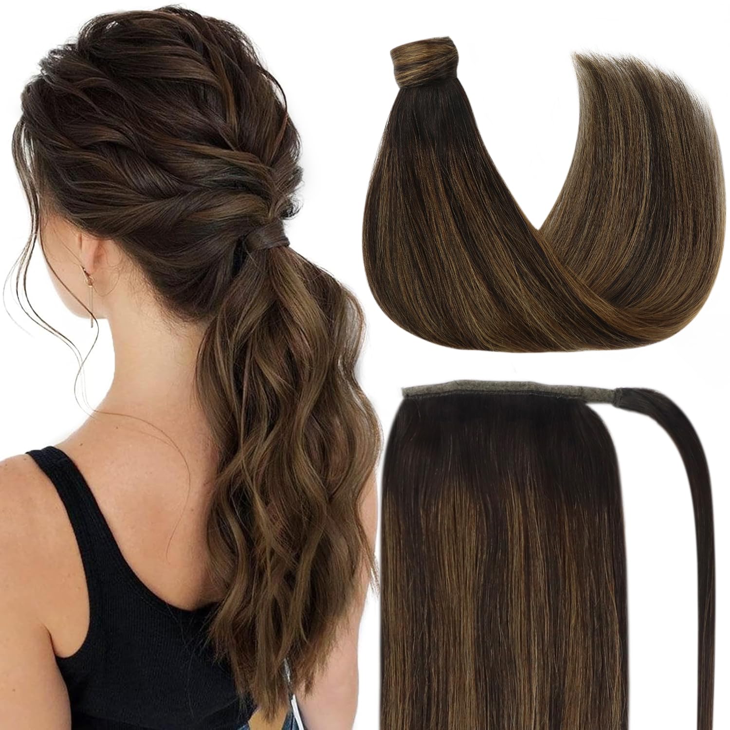 Ve Sunny Hair Extensions Ponytail Real Human Hair Wrap Around Clip in Ponytail Hair Extensions Straight Extensions Human Hair for Women Dark Brown