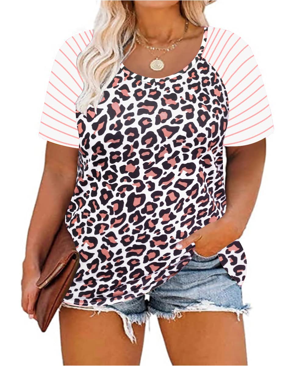 CARCOS Plus Size Tops for Women Short Sleeve Raglan Striped Tee Color Block Crewneck/V Neck Tunic Loose Fit Summer XL-5XL
