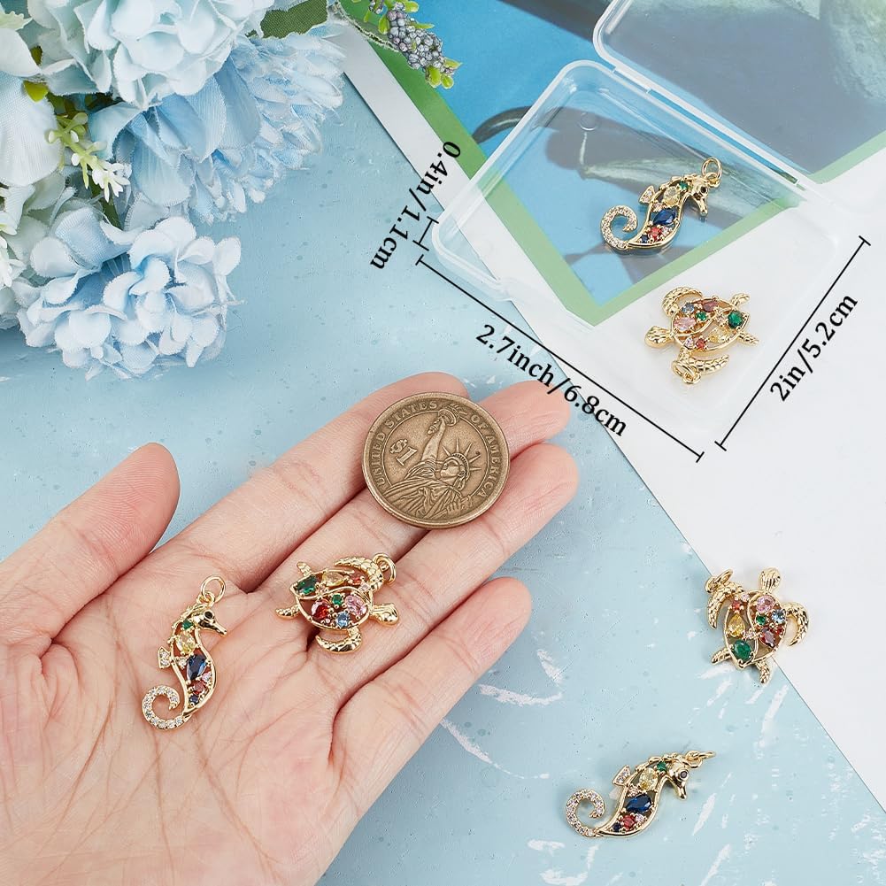 Beebeecraft 1 Box 6PCS Sea Theme Charms 18K Gold Plated Cubic Zirconia 2 Style Sea Turtle Horse Charm Golden Animal Pendants with Jump Ring for DIY Jewelry Making