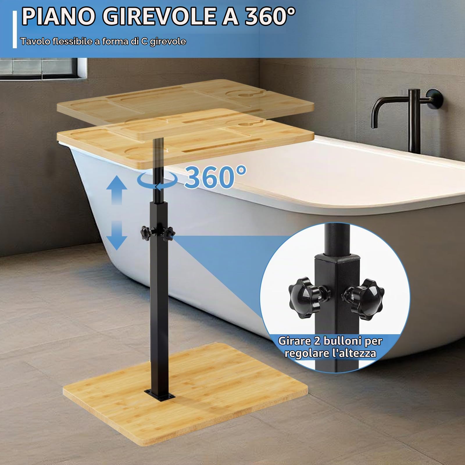 Tavolino Laterale Regolabile in Bambù, Tavolino da Letto, Altezza regolabile, Vassoio per Vasca da Bagno Bambù, Salvaspazio, Comodino