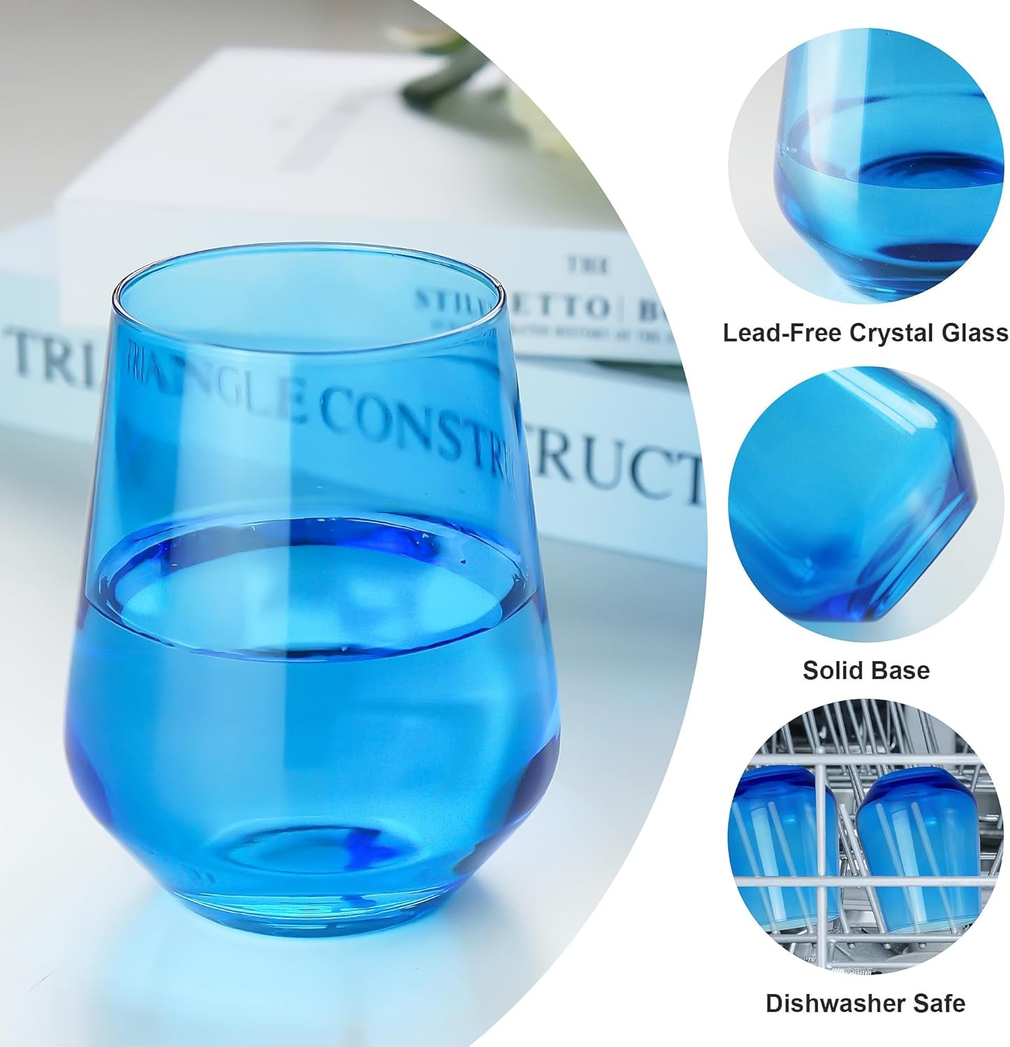 Blue Stemless Wine Glasses Set of 6, 15oz Drinking Glassware Dishwasher Safe, Wine Glass Tumblers for Red or White, Gift for Party, Holiday, Anniversary, Restaurant, Home Bar, Daily Use - Image 3