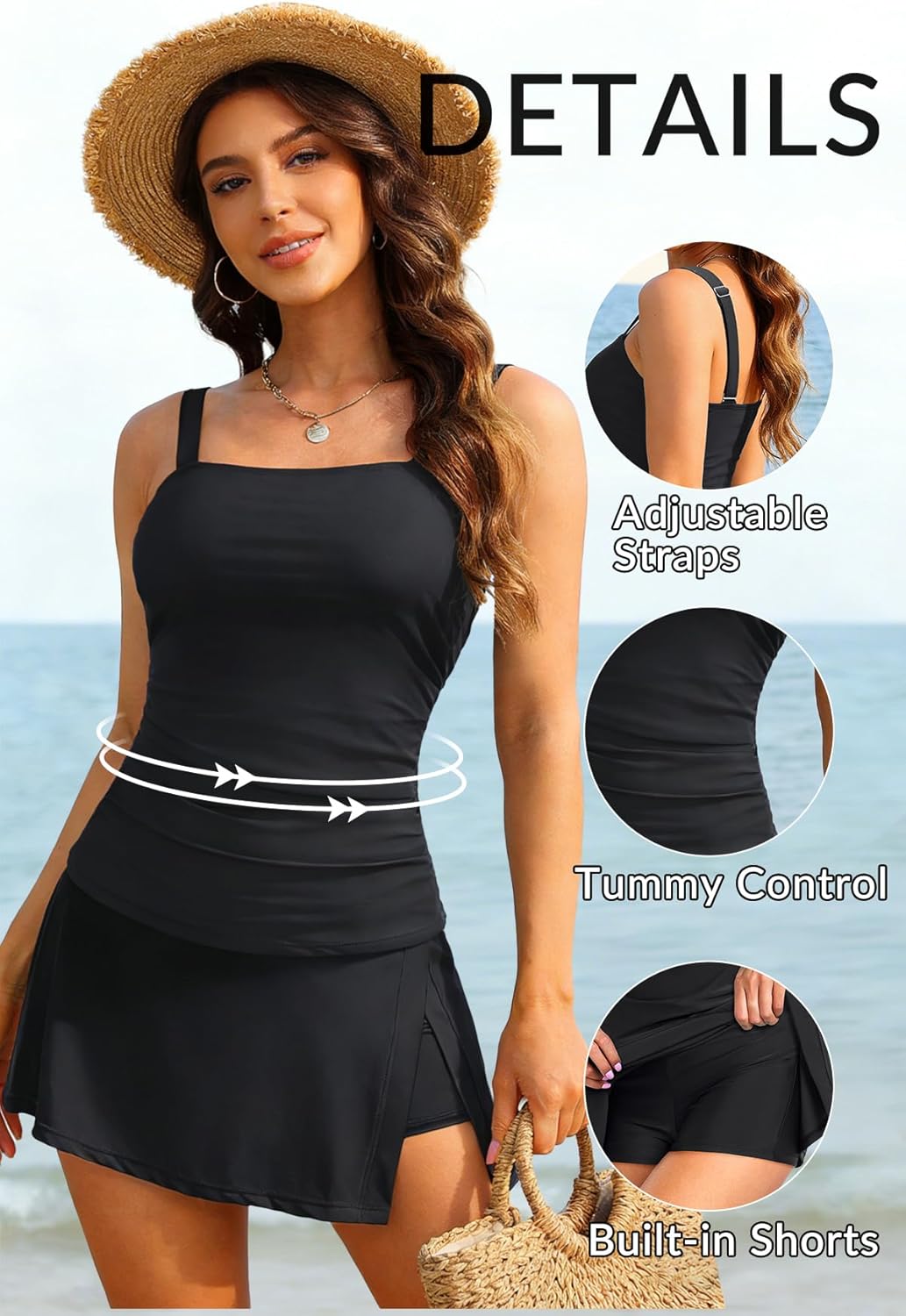 Womens Two Piece Tankini Bathing Suits with Skirt Tummy Control Swimsuits Ladies Swimwear - Image 5