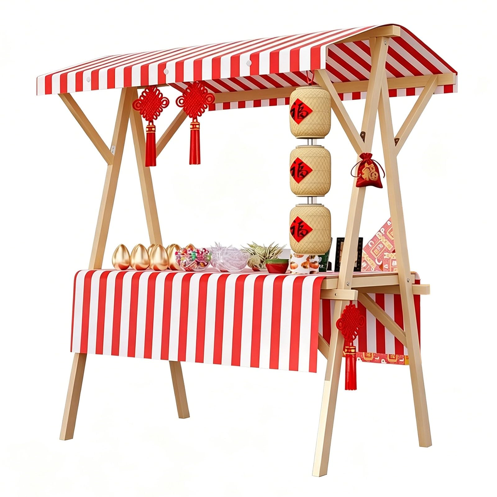 Wooden Market Stall Stand with Canopy, Foldable Vendor Cart Table for Farmers Market, Display Tent for Outdoor Events(Red,160cm/63in)