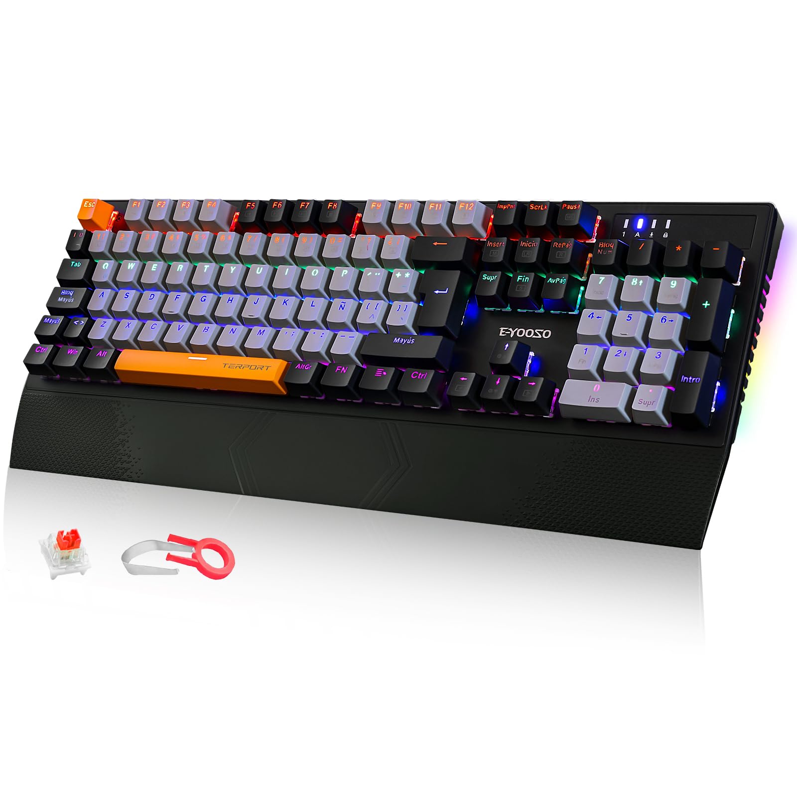 TERPORT Teclado Mecánico Español de 105 Teclas, Teclado Gaming Alámbrico TR9N E99 con Reposamuñecas, Retroiluminado de Arco Iris y Luz Lateral RGB, Hot-swap Red Switch para Oficina y Juegos,Gris/Negro