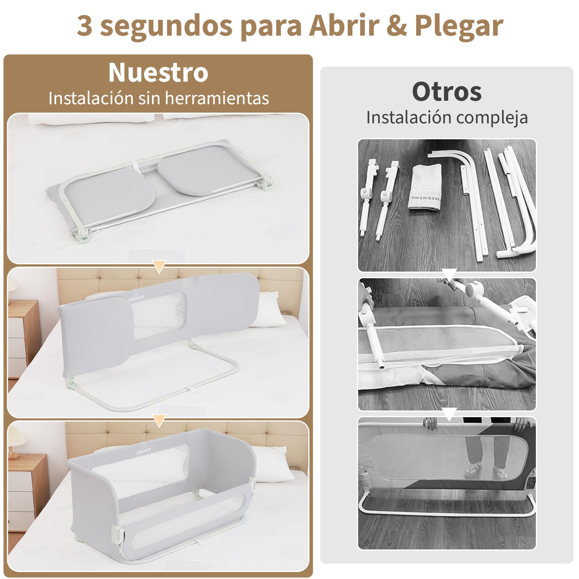 2 en 1 Barrera de Cama Abatible 185cm, Cuna Colecho con Bolsa de Transporte Viaje para Viajar o Vacaciones - Sin instalación, Fácil de Transportar - Gris