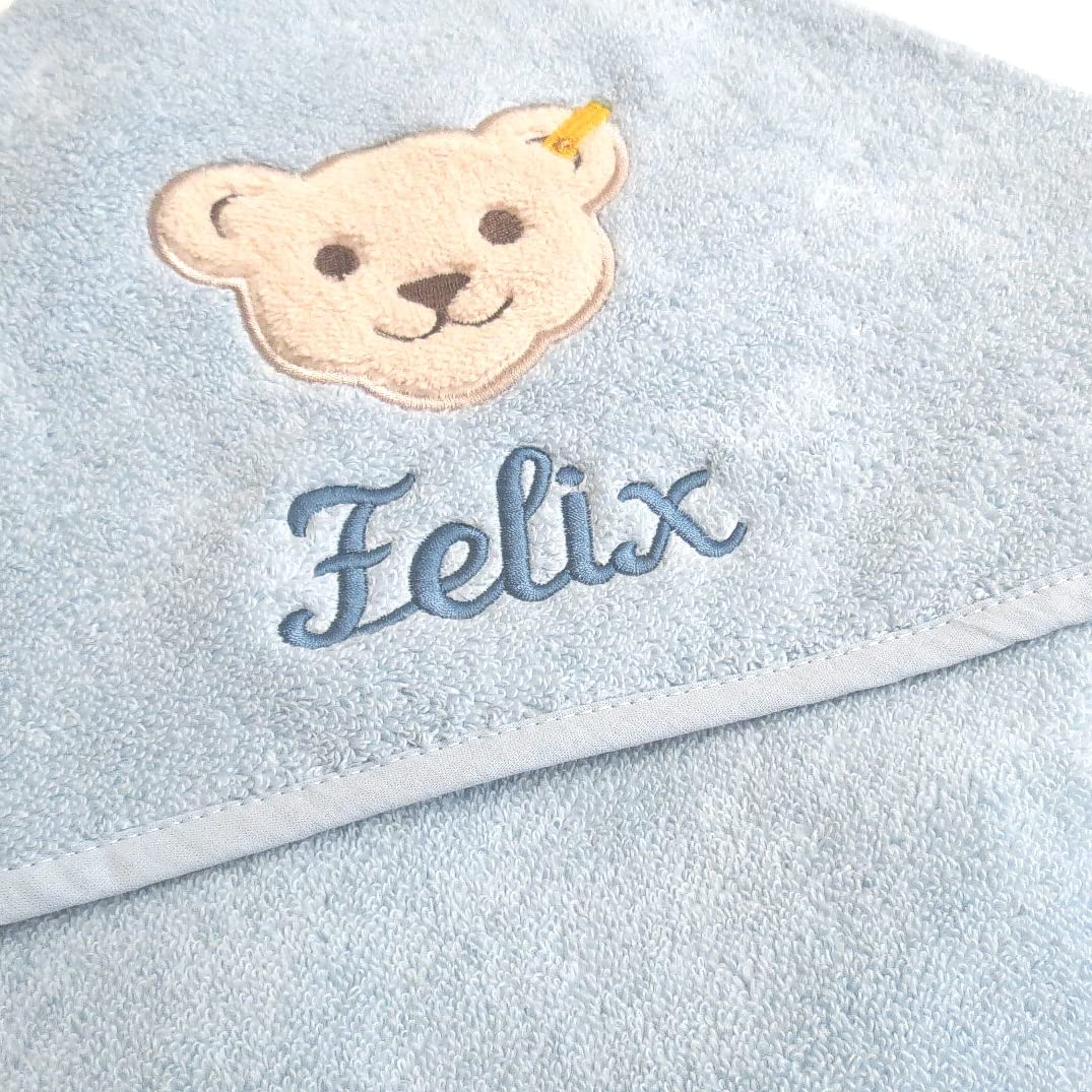 Steiff 2928mn3023 Baby Kapuzentuch mit Ihrem Wunsch-Name Bestickt hellblau 100 cm x 100 cm