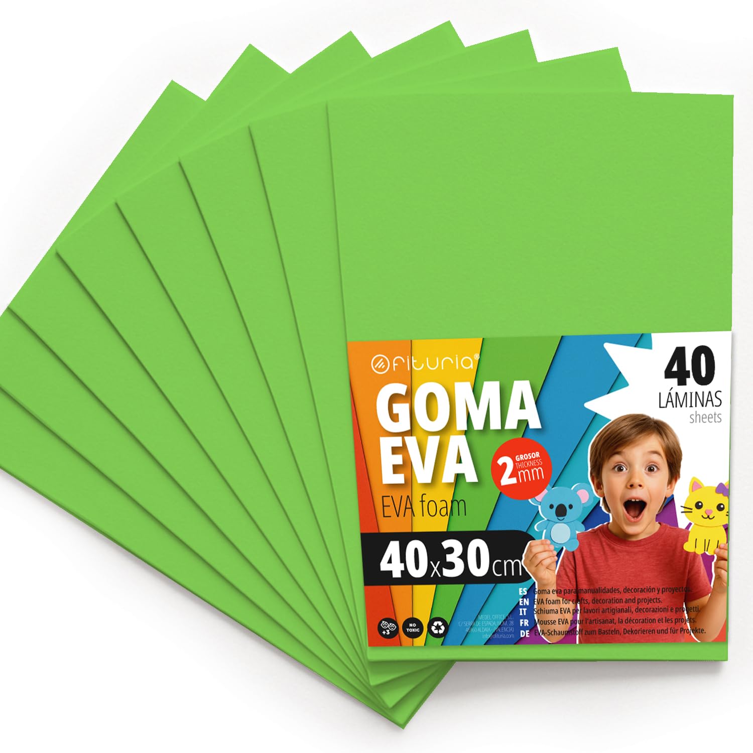 OFITURIA Moosgummi für Bastelarbeiten und Schulprojekte, Farbiges Schaumstoff ideal für DIY, Dekoration, Scrapbooking und kreative Projekte 40x30cm (Hellgrün, 40 Stk)