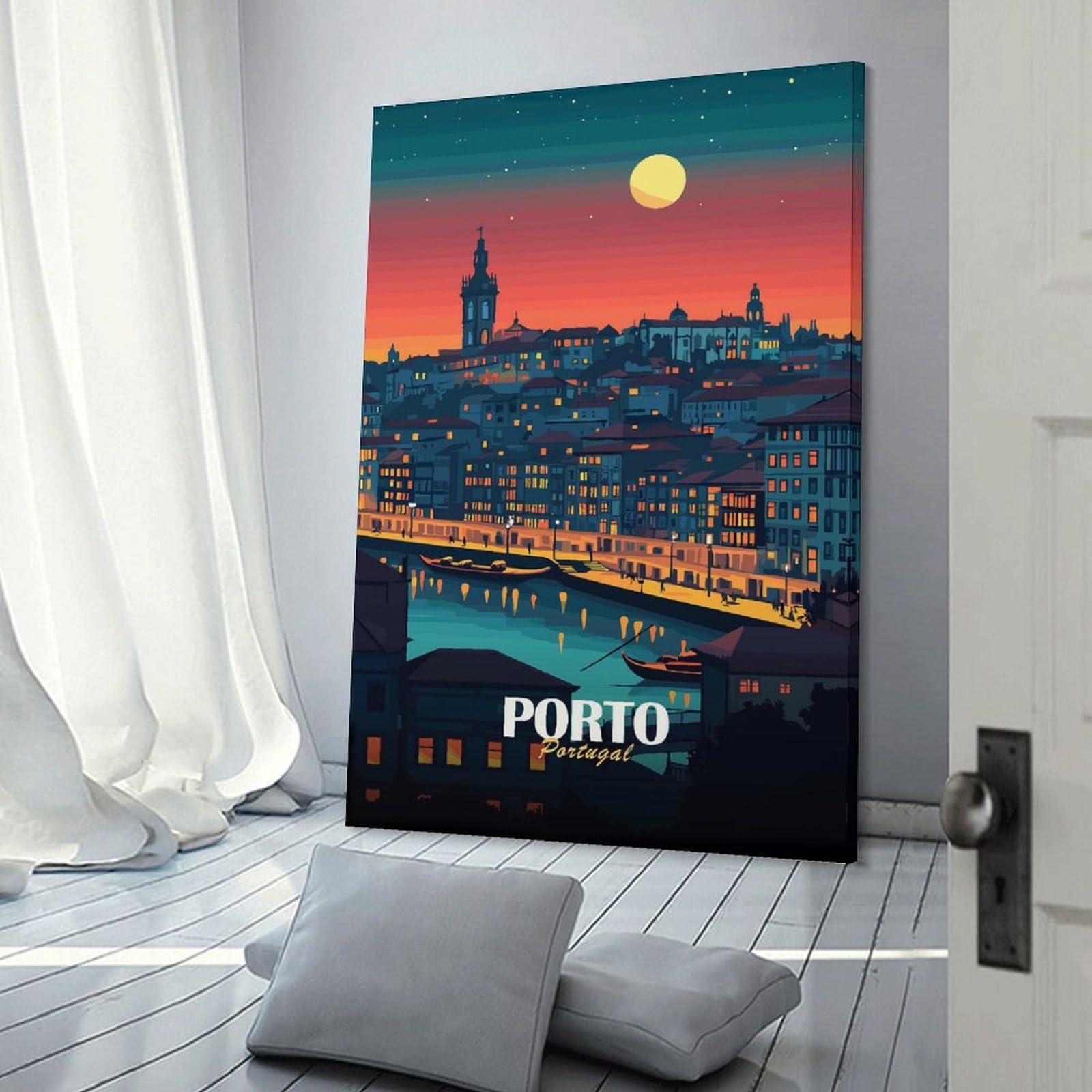 Junmoney Porto, Portugal at Night Wall Art Print, 24x36inch(60x90cm), for Office, Study Or Home Workspace, Decorative Artwork for Productive Spaces
