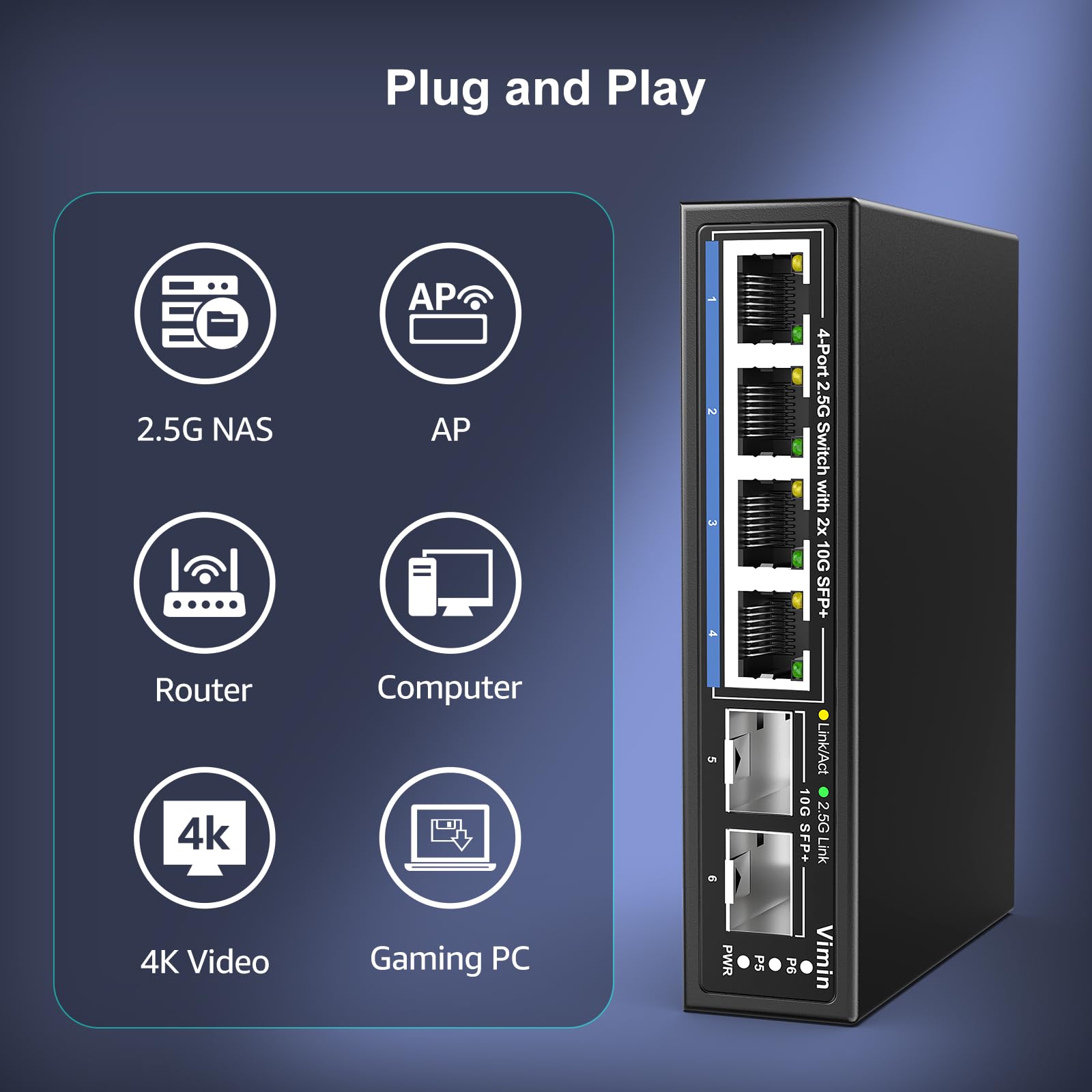 6-portowy niezarządzany przełącznik sieciowy 2,5 G, porty VIMIN 4X 2,5 Gbase-T, 2 x port 10G SFP+, pojemność przełączania 60 Gb/s, IEEE802.3, metalowa obudowa, bez wentylatora, działa dla NAS 2,5 Gb/s