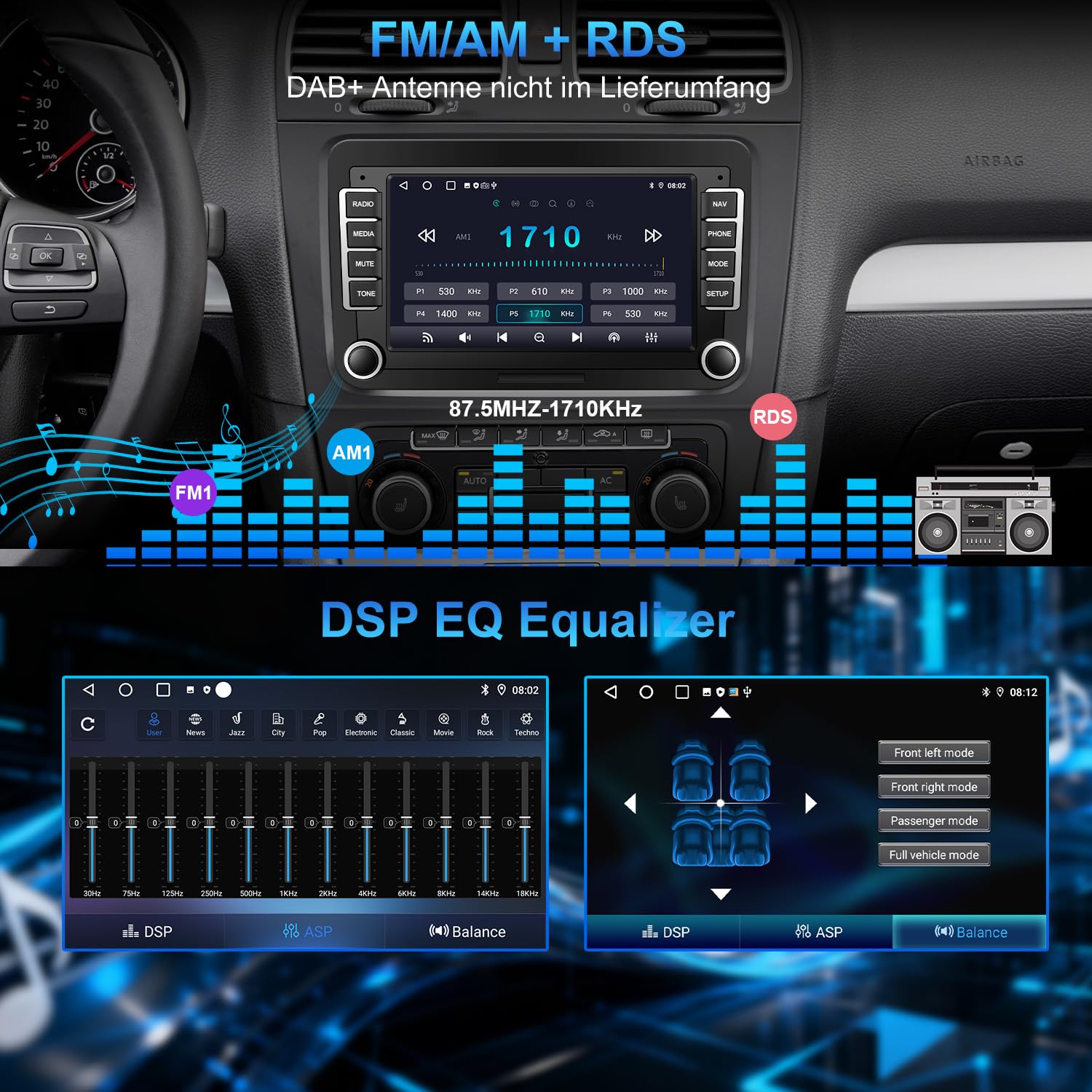 Autoradio mit Bildschirm Bluetooth für VW Polo Golf 5 6 T5 Passat Caddy Seat Skoda, 2Din Auto Radio 7 Zoll Touch Display Android 14,mit DAB Navi WLAN Carplay Android Auto Lenkrad Strg
