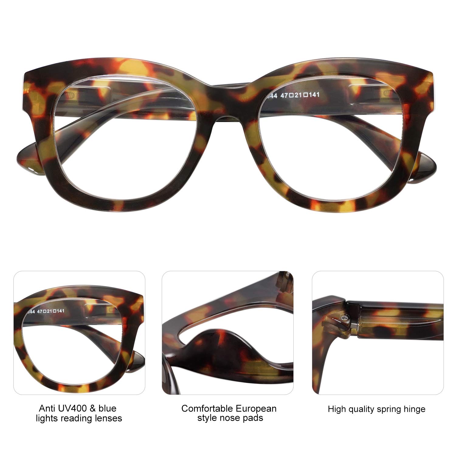 AMOMOMA Retro übergroße Lesebrille für Damen, blaues Licht, blockierend, Computerleser, Federscharnier AM6003, D2 braune Schildkröte