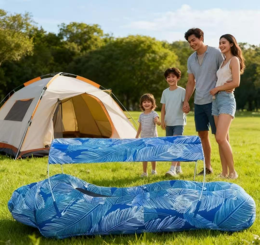 Inflatable Couch,Air Sofa with Sun-Shade Design,Built-in Storage,Ripstop Polyester&Stability Pegs,Portable Air Lounger for Beach,Camping,Easy to Carry,2Inflation Ways(Included Pump)Blue Feather