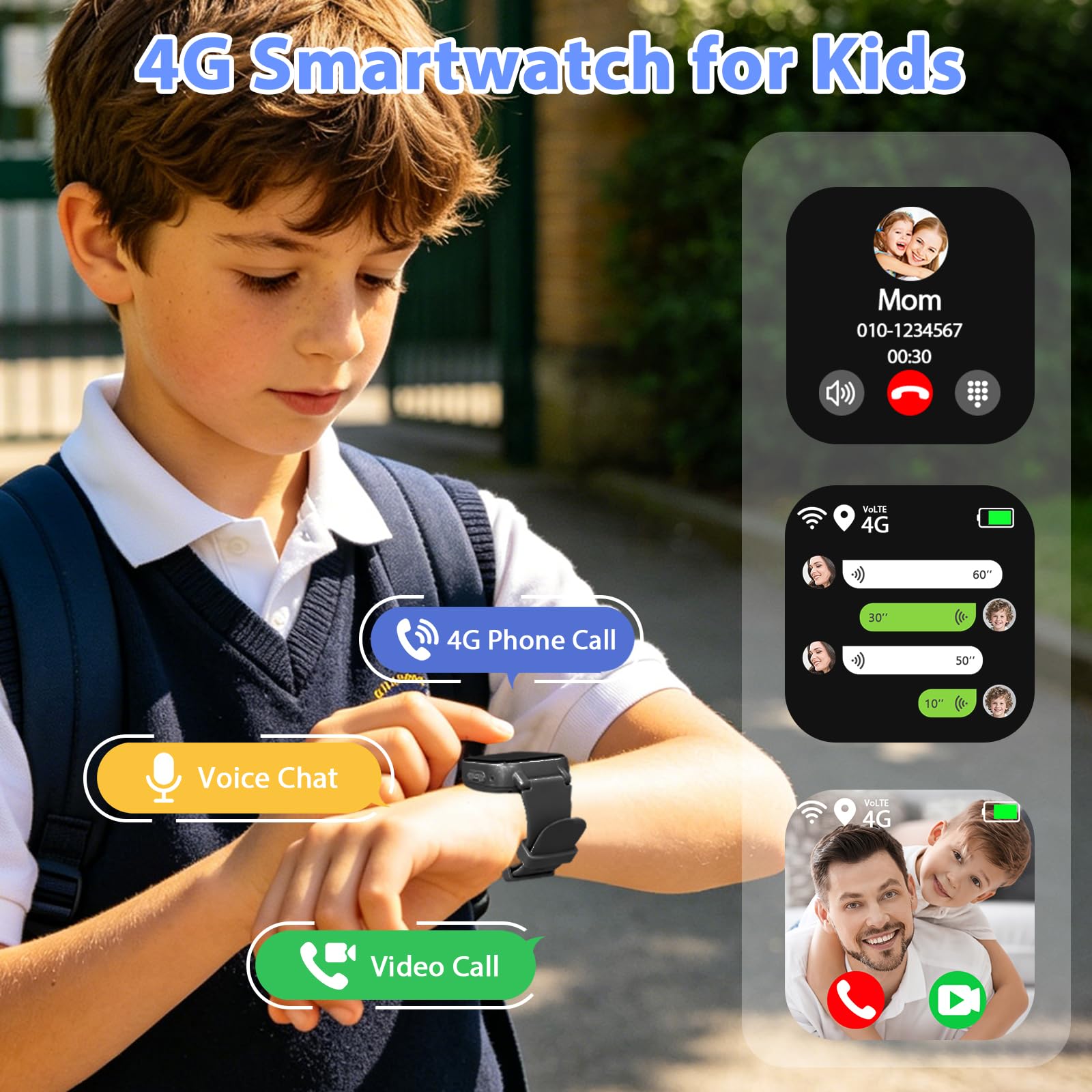 4G Smartwatch Kinder mit Videoanruf GPS SOS IP68 Wasserdicht Schulmodus Schrittzähler Kinderuhr Geschenk Jungen Mädchen 4-12 Jahren Schwarz