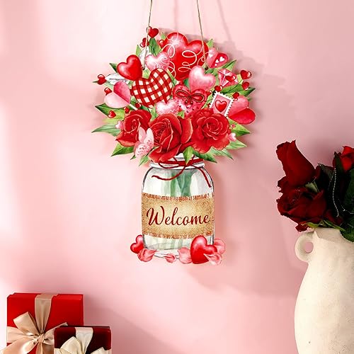 Miniatura 4 de Menkxi Letrero colgante de madera con forma de florero para el día de San Valentín, decoración de madera para el día de San Valentín, decoración