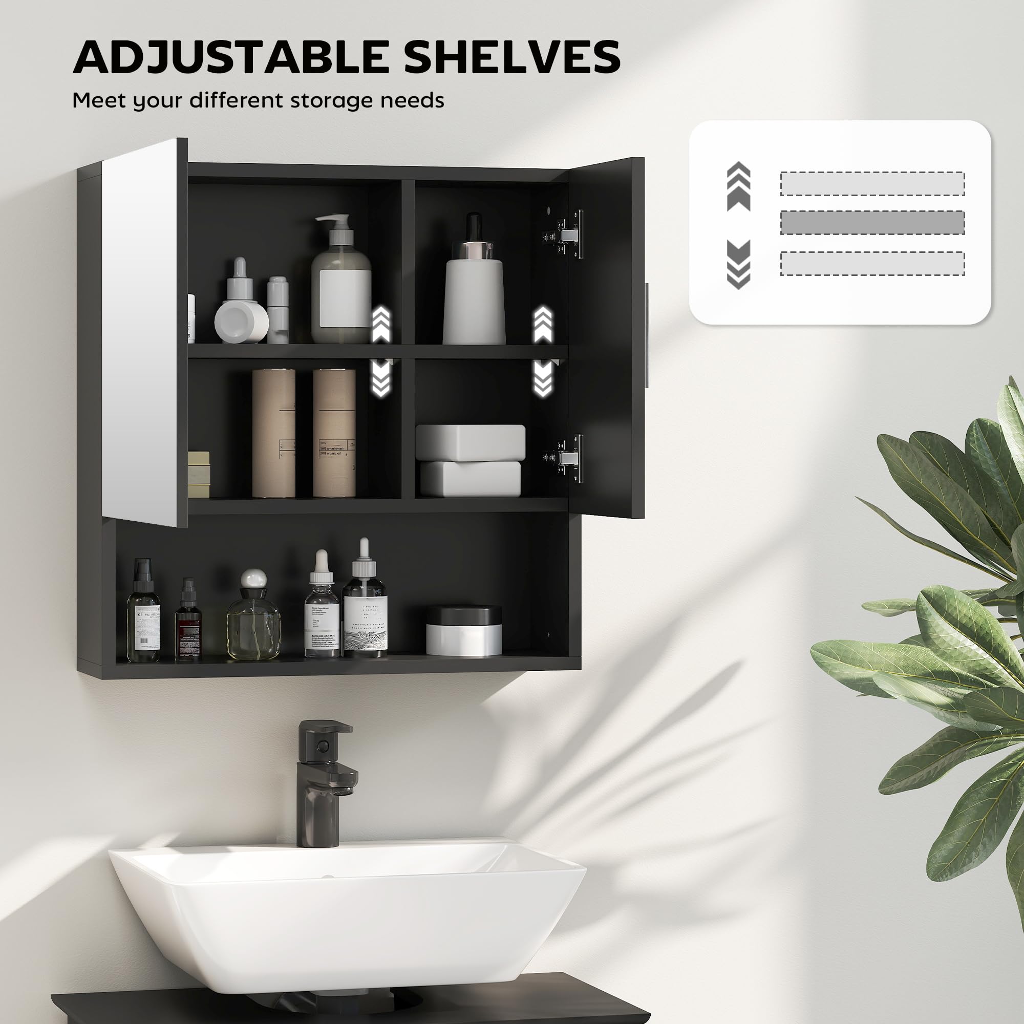 kleankin Espejo de baño con estantes ajustables 54x15.2x55.3cm Negro | Armario espejo de baño con almacenamiento, 2 puertas, estante abierto, madera y vidrio.