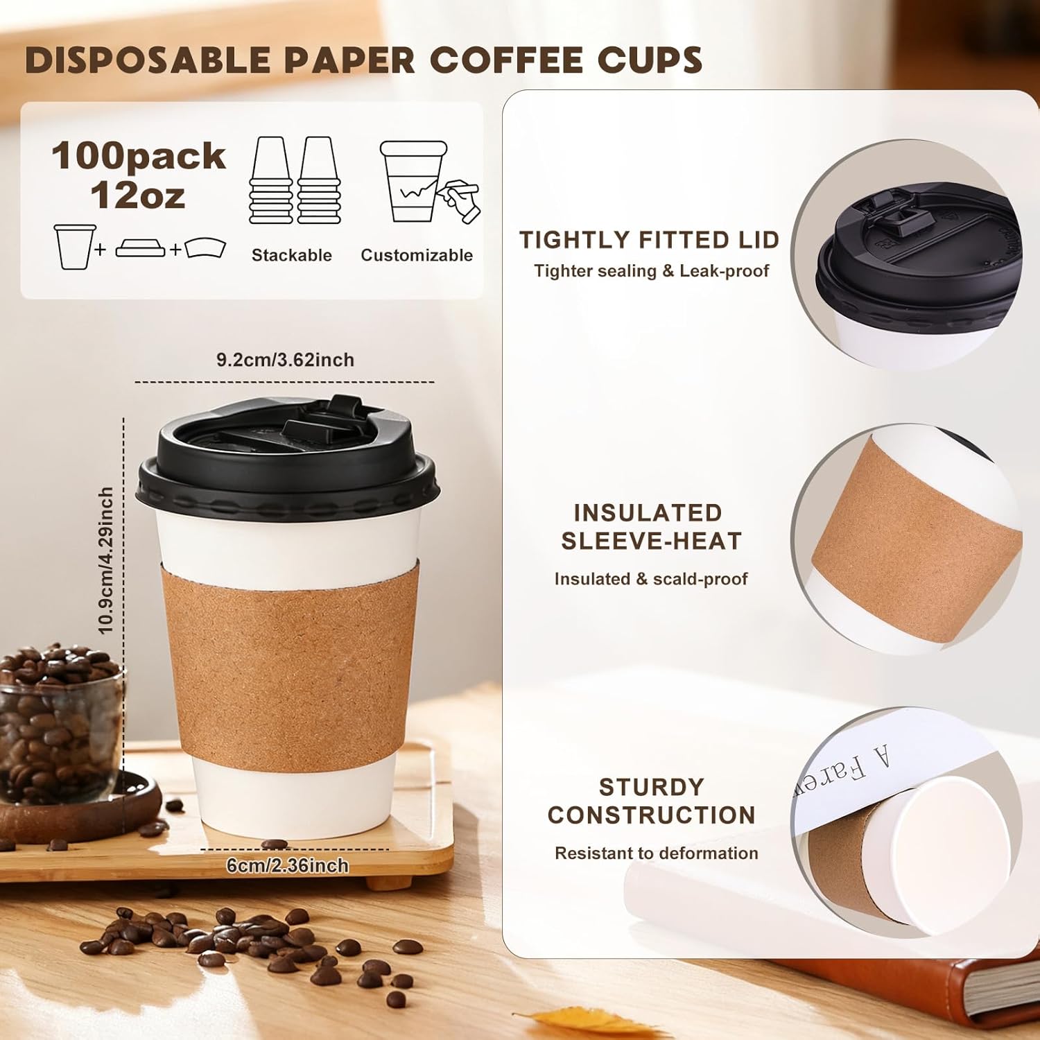 KesaPlan 100 Pack 12oz Disposable Paper Coffee Cups with Lids & Sleeves, To Go Hot Coffee Cups for Tea Cocoa Chocolate Juice, Hot & Cold Drinking Paper Cup Bulk for Cafes Home Office Travels Parties - Image 3